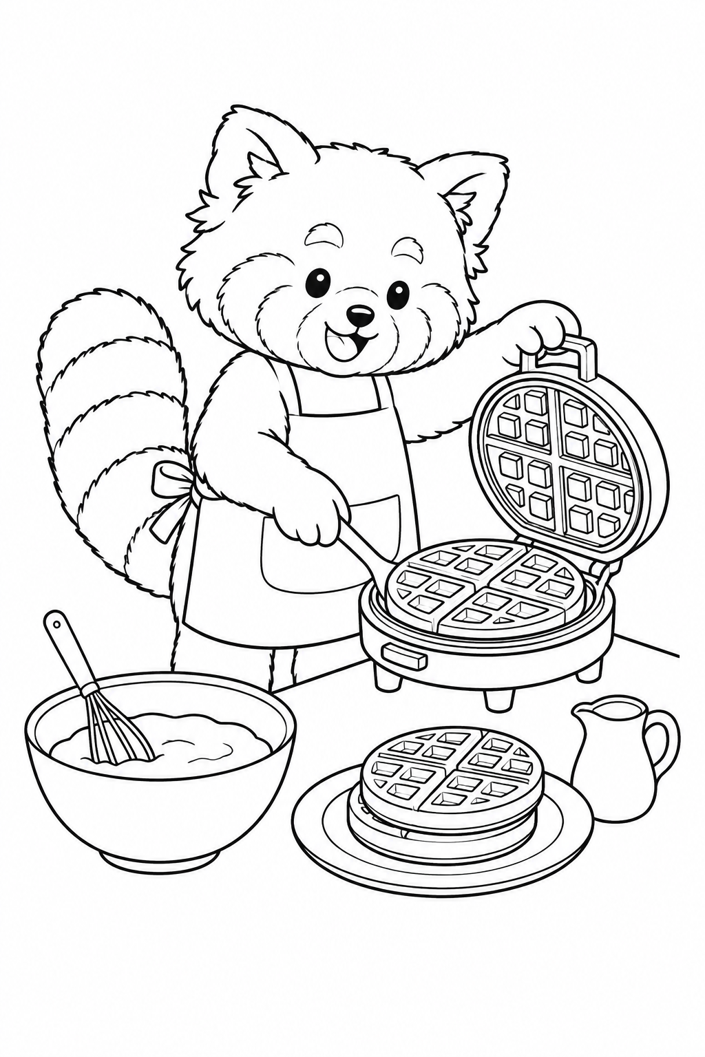 ワッフルを焼くレッサーパンダの塗り絵