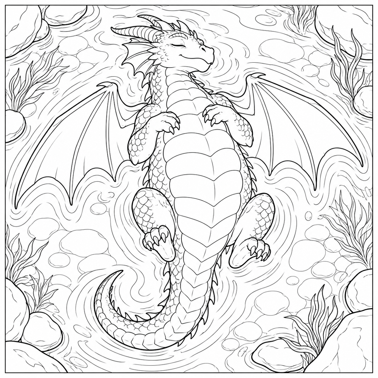 Dibujo de Dragón flotando boca arriba para colorear
