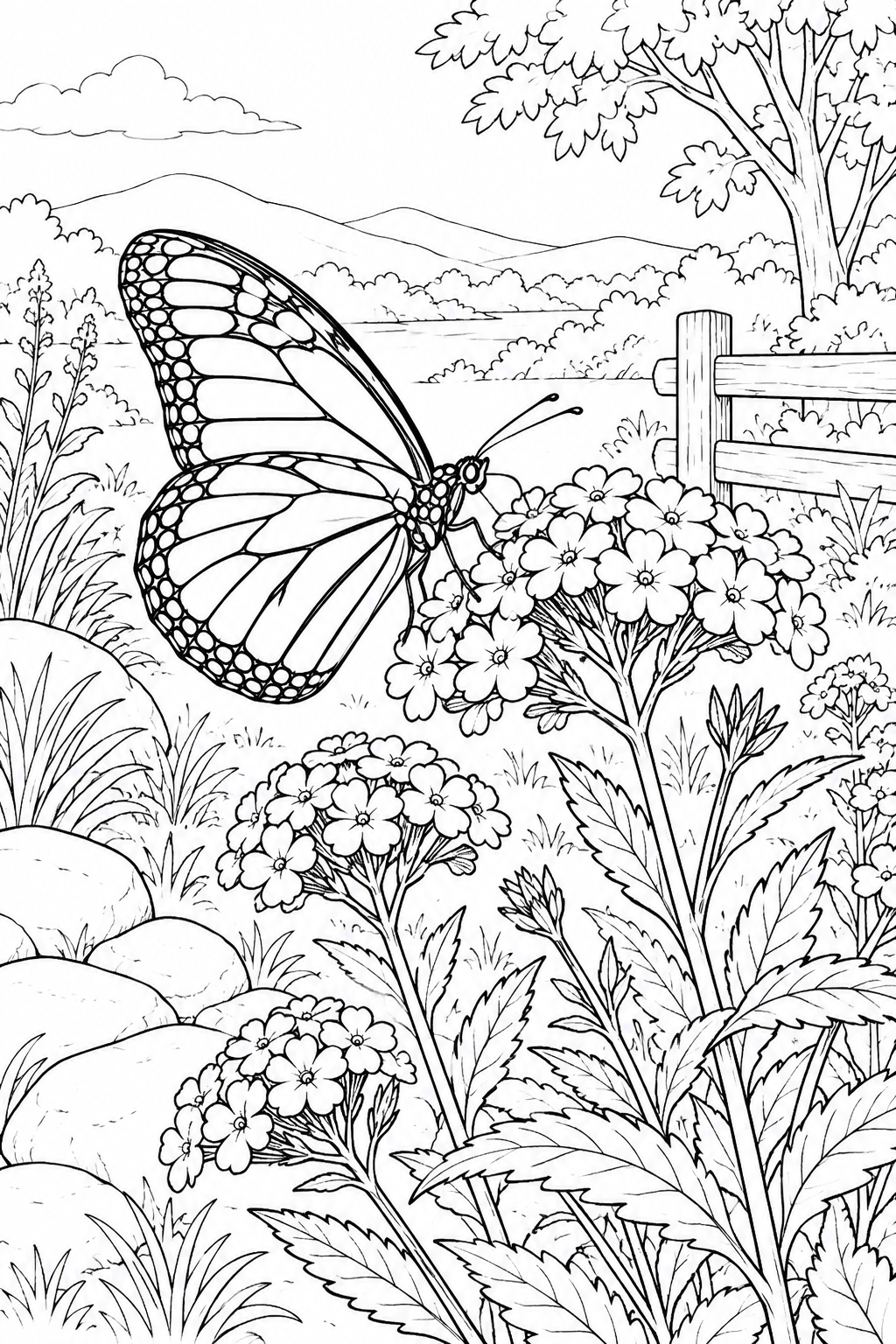 自然のひとこま：チョウとバーベナの花の塗り絵