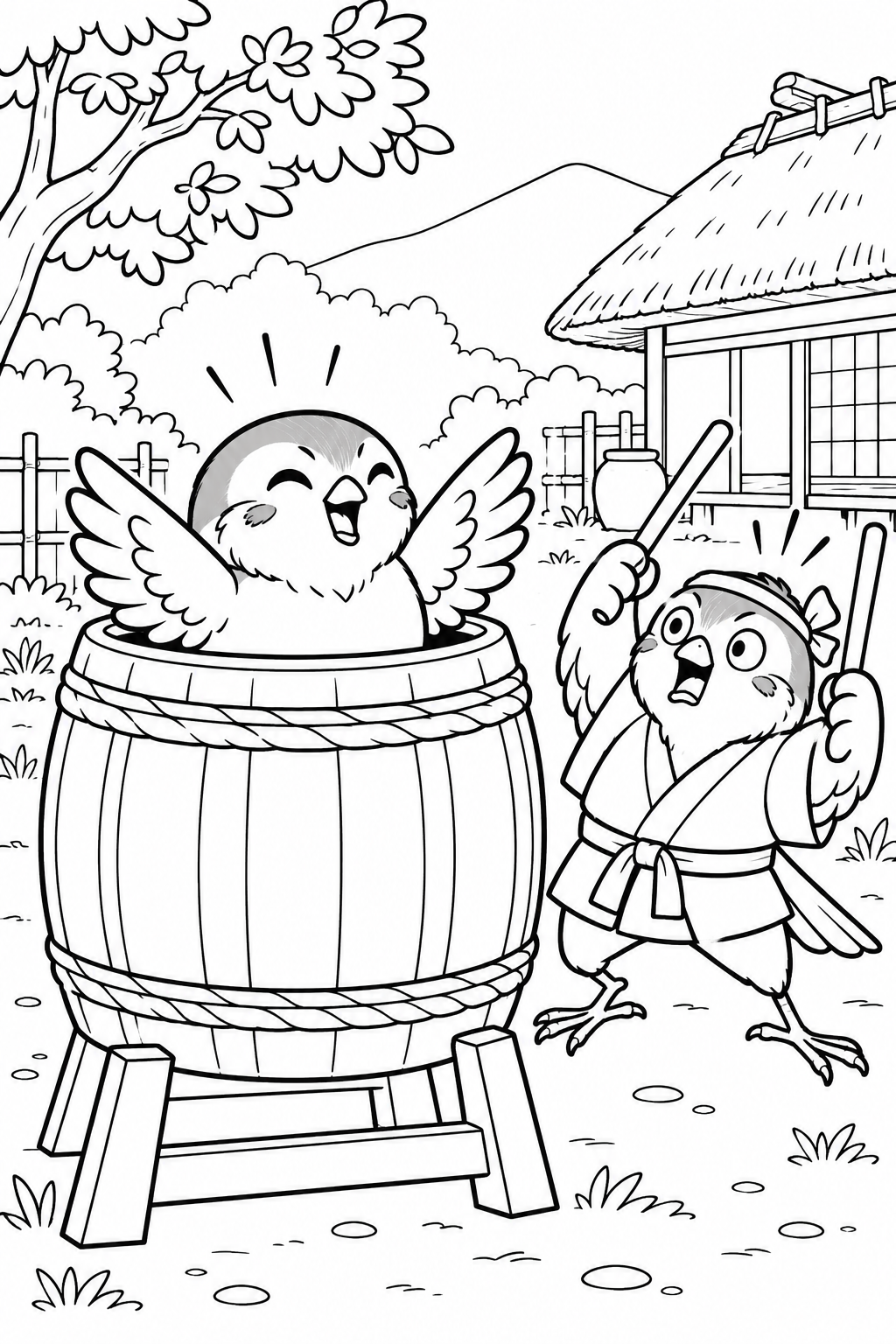 したきりすずめ：太鼓にすっぽりすずめさんの塗り絵