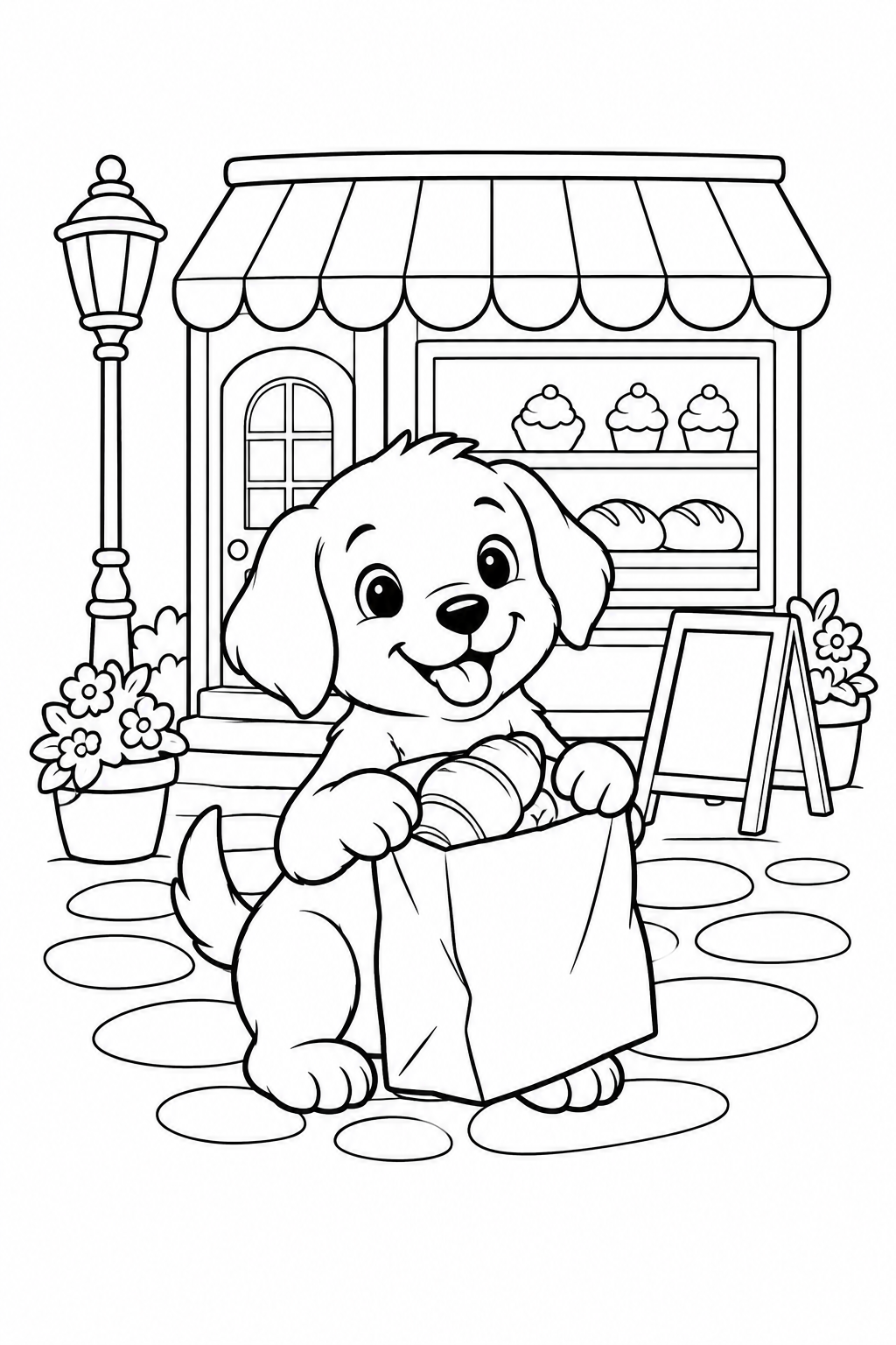 Desenho de O cachorrinho fazendo compras na padaria para colorir