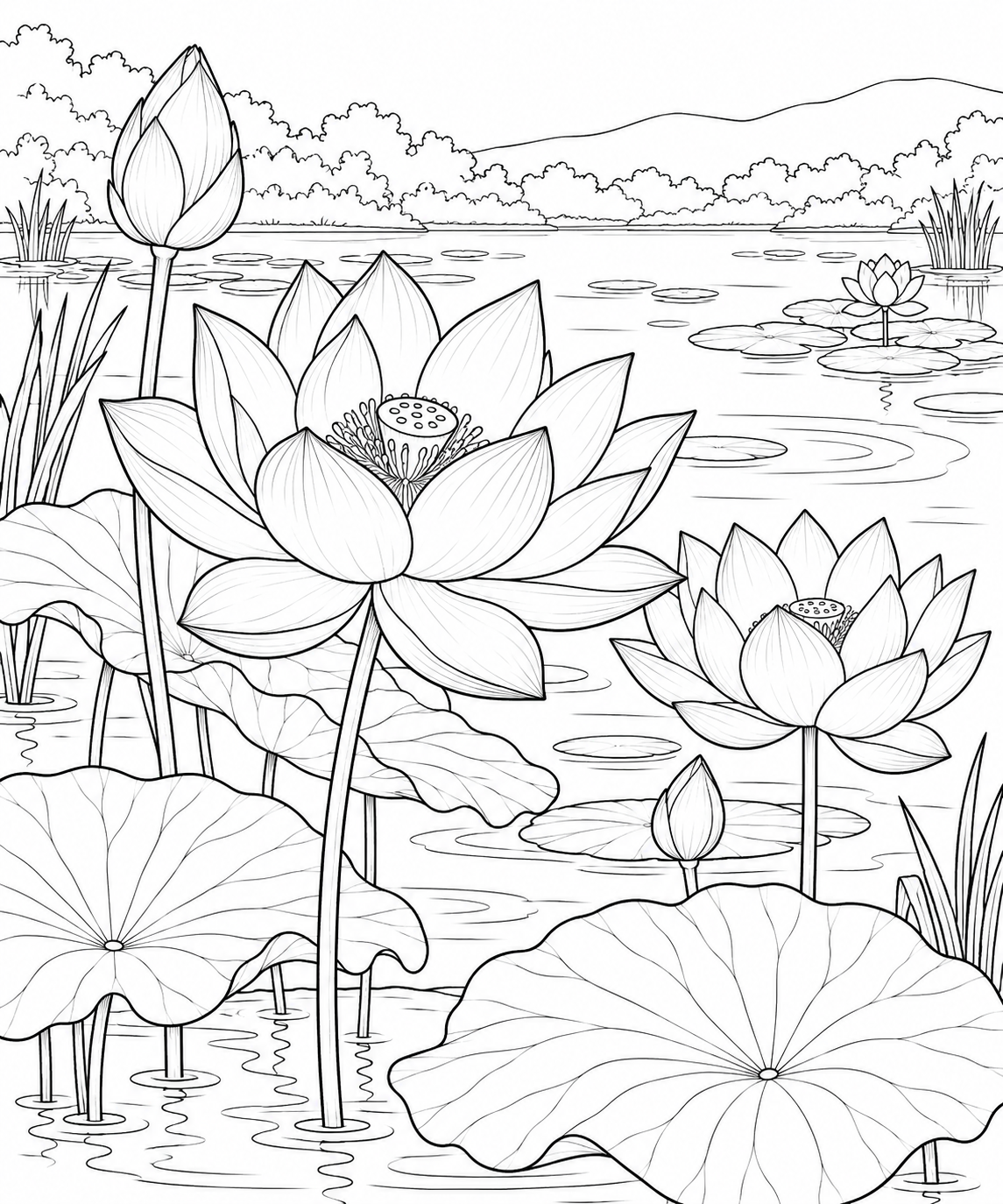 A natural scene: Lotus flowers and broad leaves coloring page