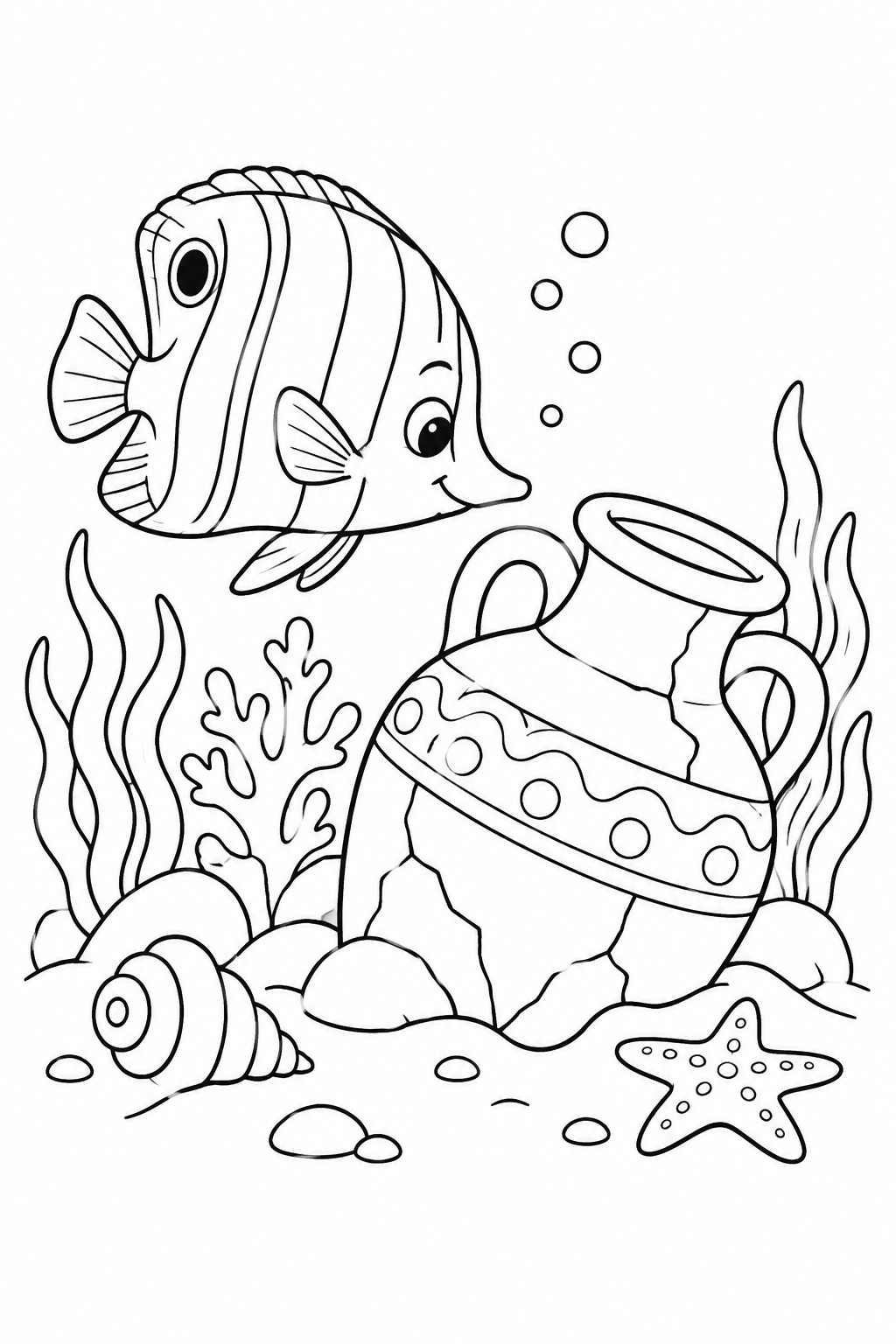 チョウチョウウオと沈んだ壺の塗り絵