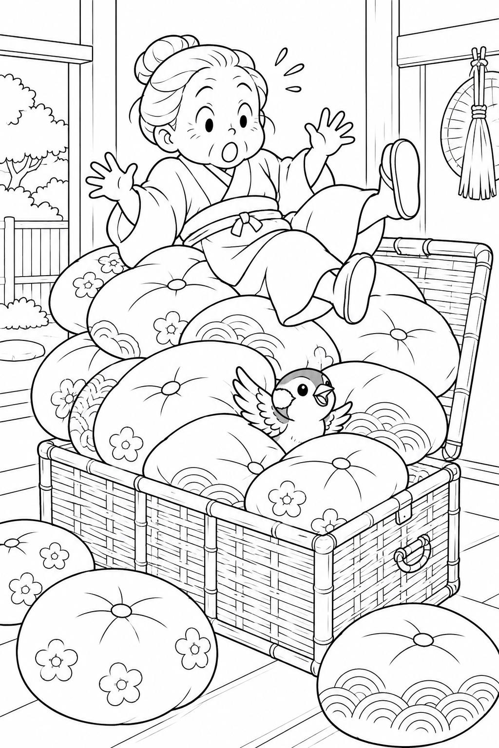 したきりすずめ:つづらの中は座布団だらけの塗り絵