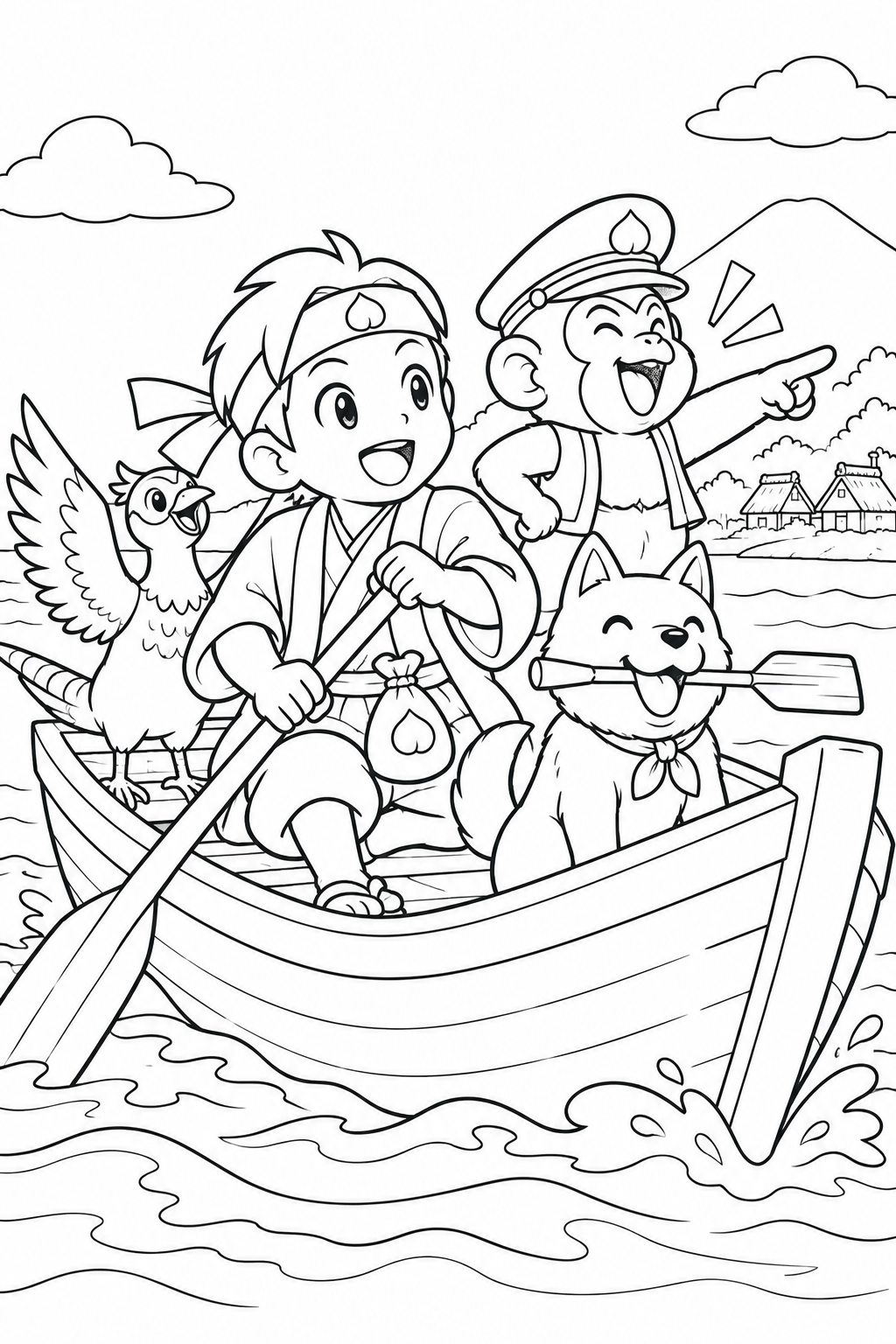 ギャグ桃太郎:桃太郎一行の船出の塗り絵