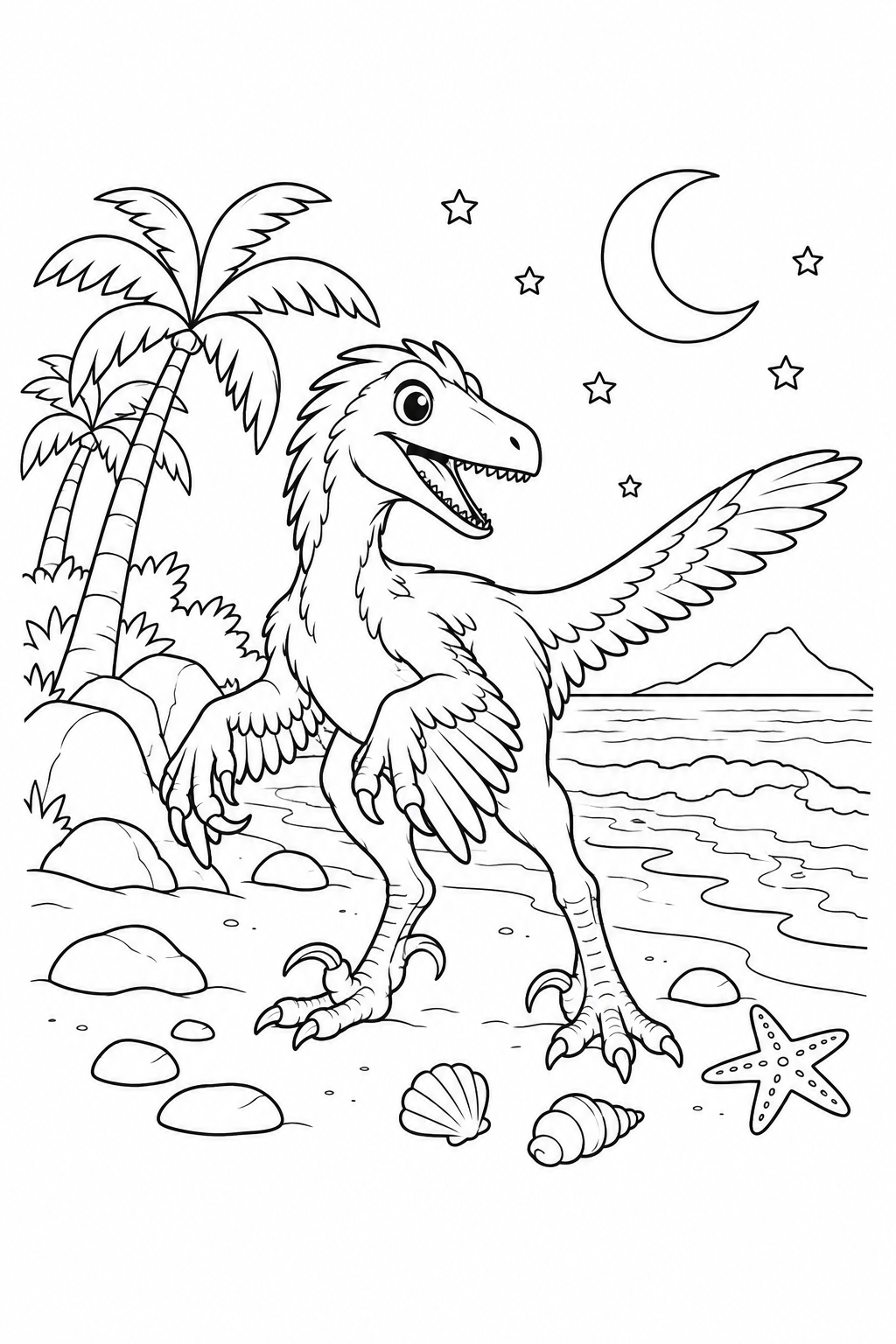デイノニクスと月の砂浜の塗り絵