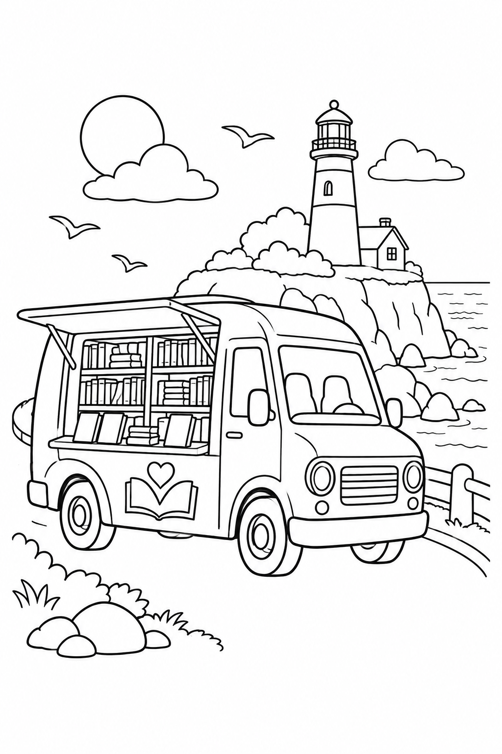 移動図書館と海沿いの道の塗り絵