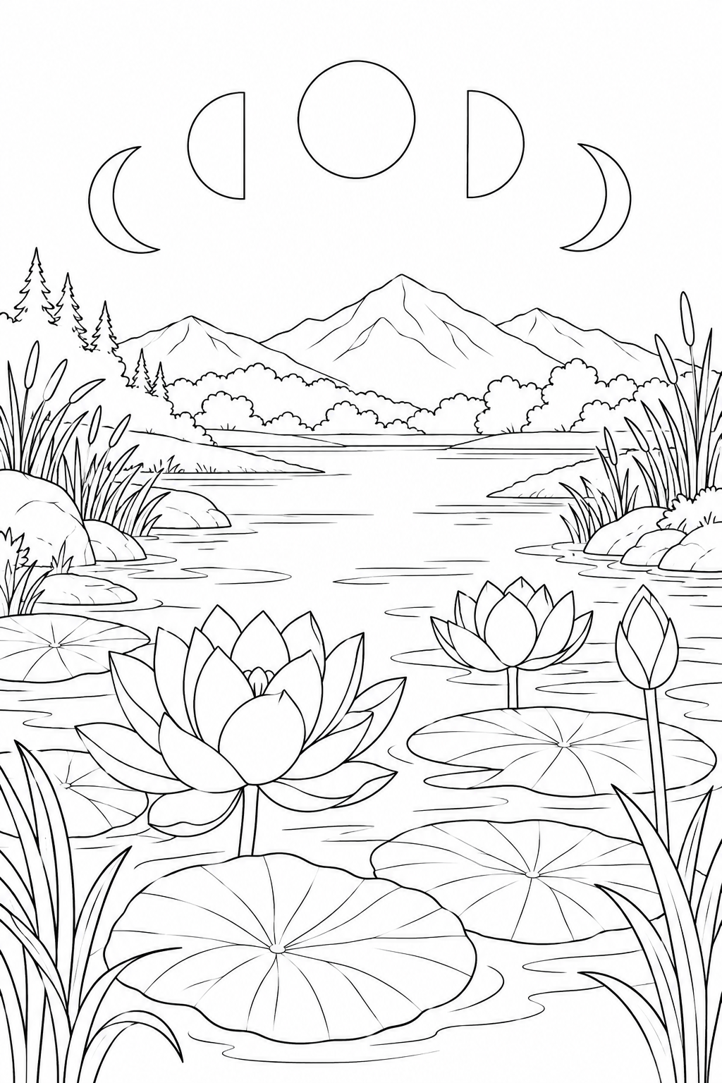 蓮の葉の池と月の満ち欠けの塗り絵