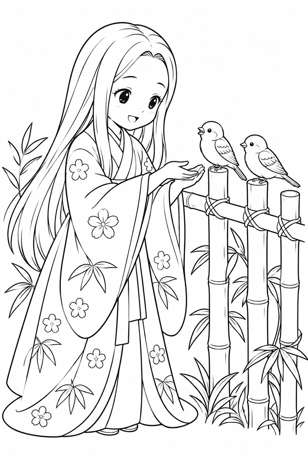 かぐや姫と竹林の小鳥たちの塗り絵