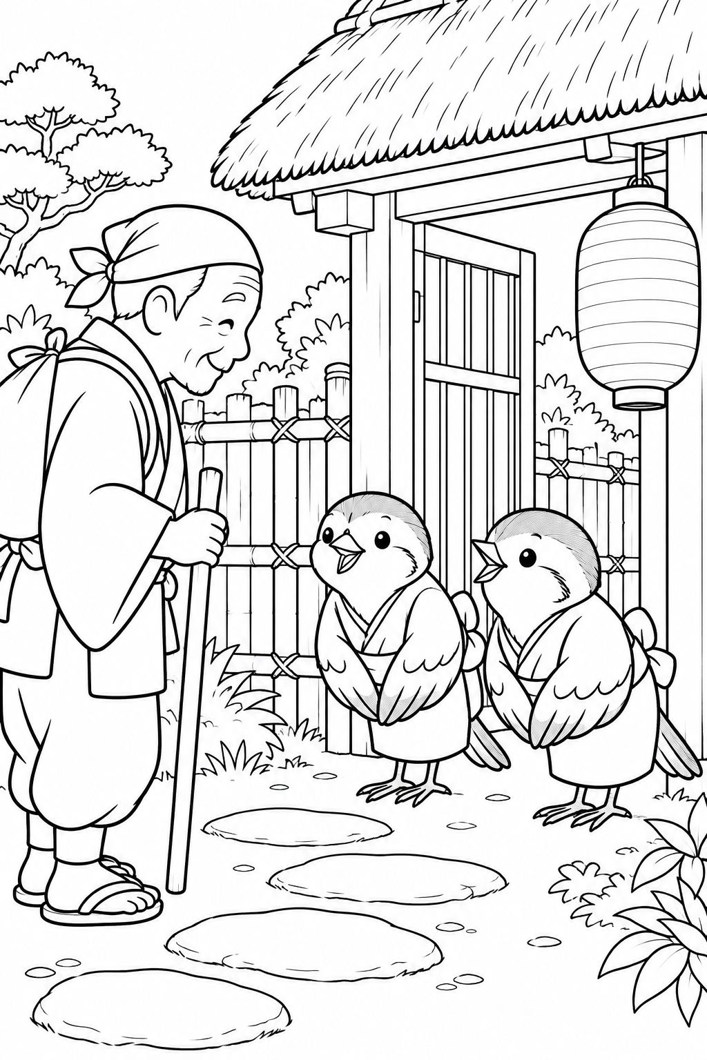 Coloriage Le Moineau à la langue coupée — Bienvenue à l’auberge des moineaux