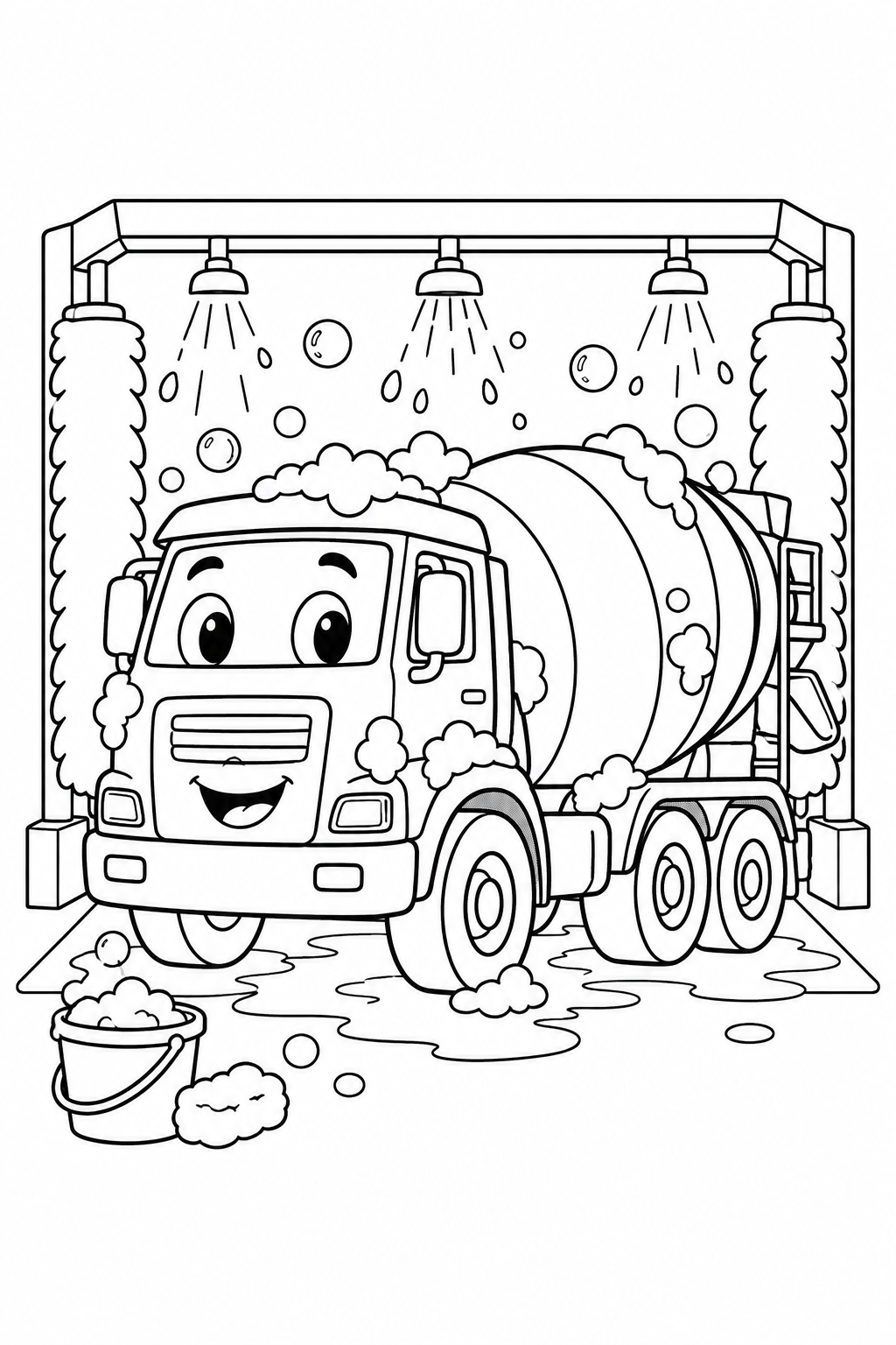 Cement mixer truck at the Wash Bay coloring page