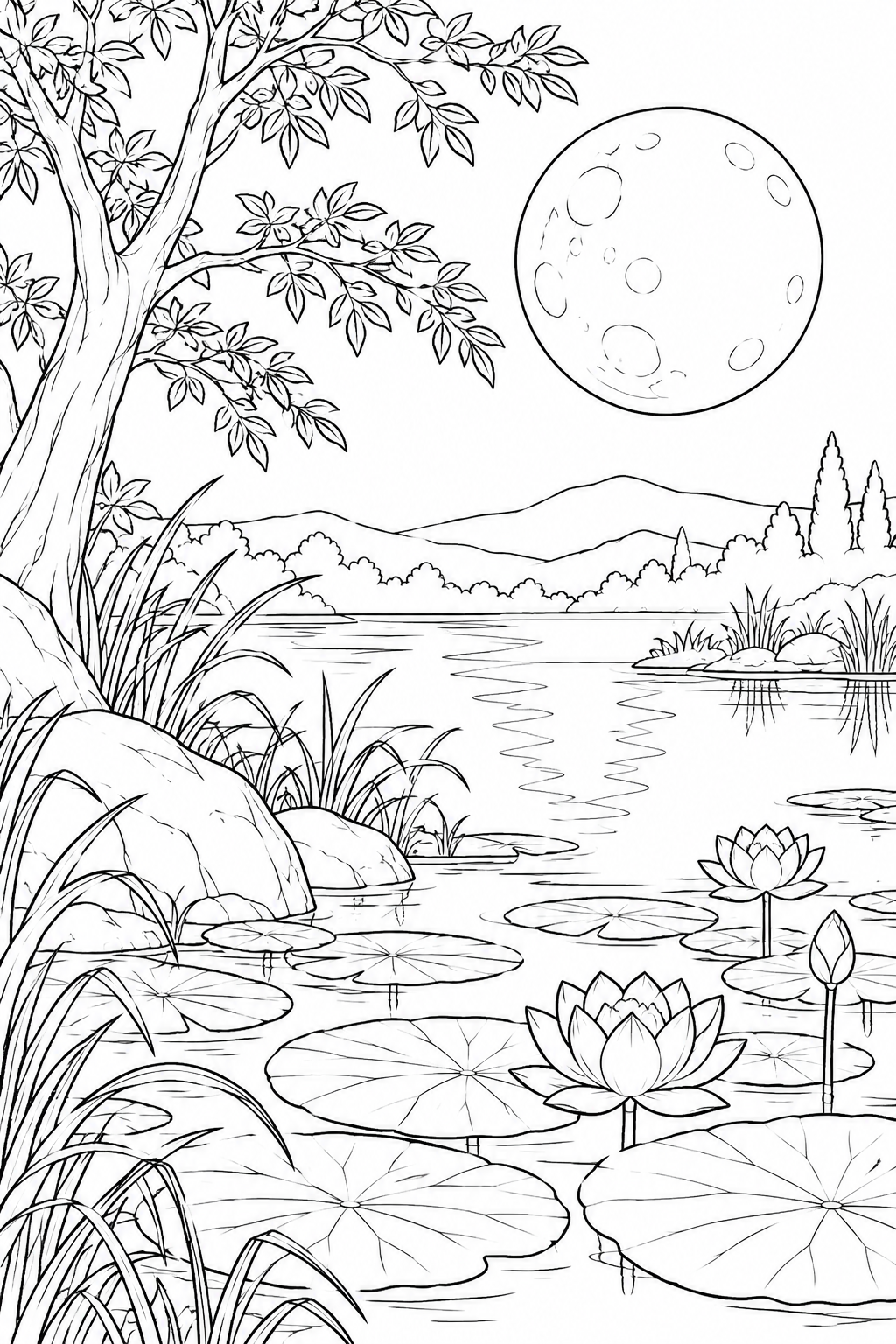蓮の葉の池と満月の塗り絵