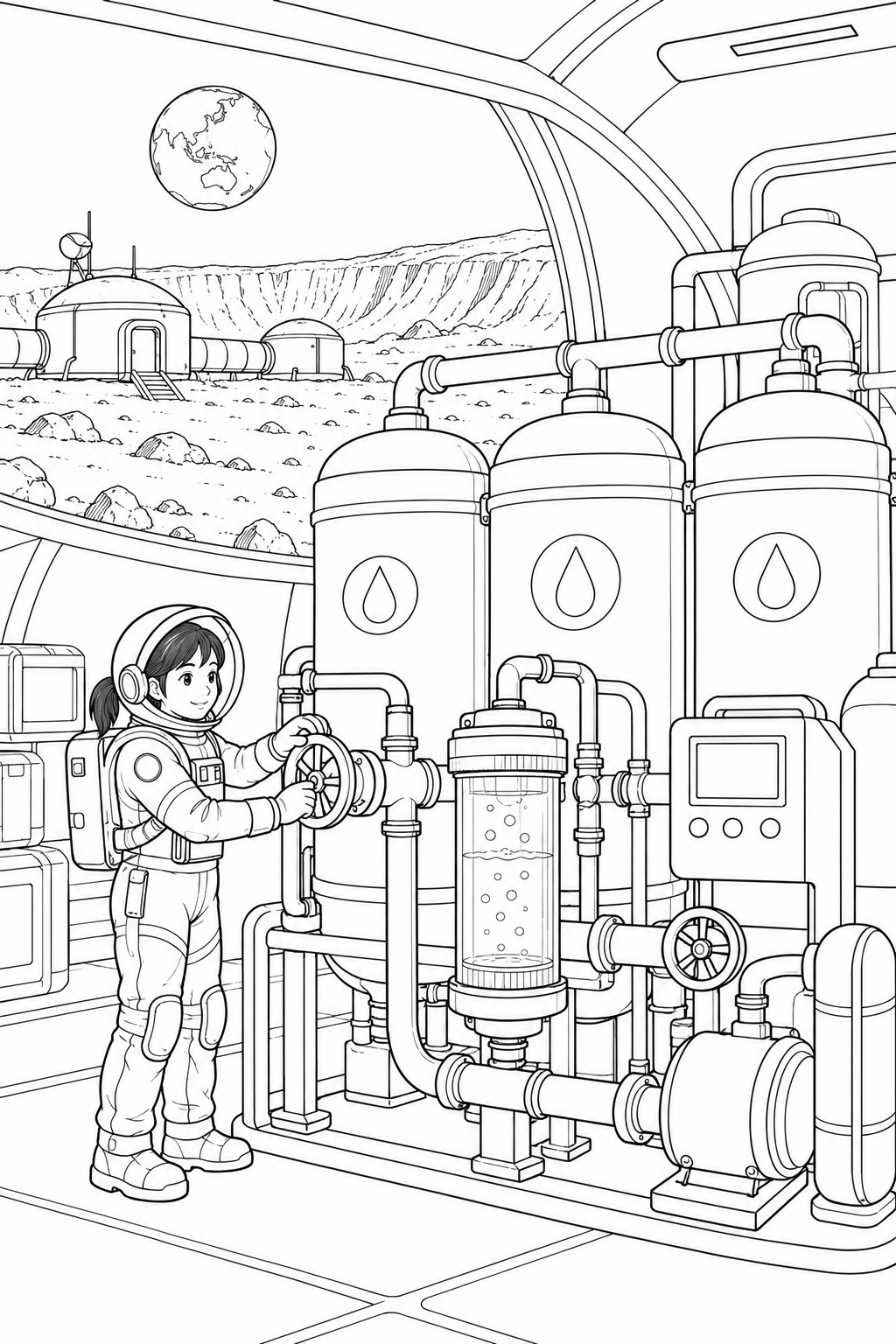 月のクレーター基地：水を循環させる装置の塗り絵
