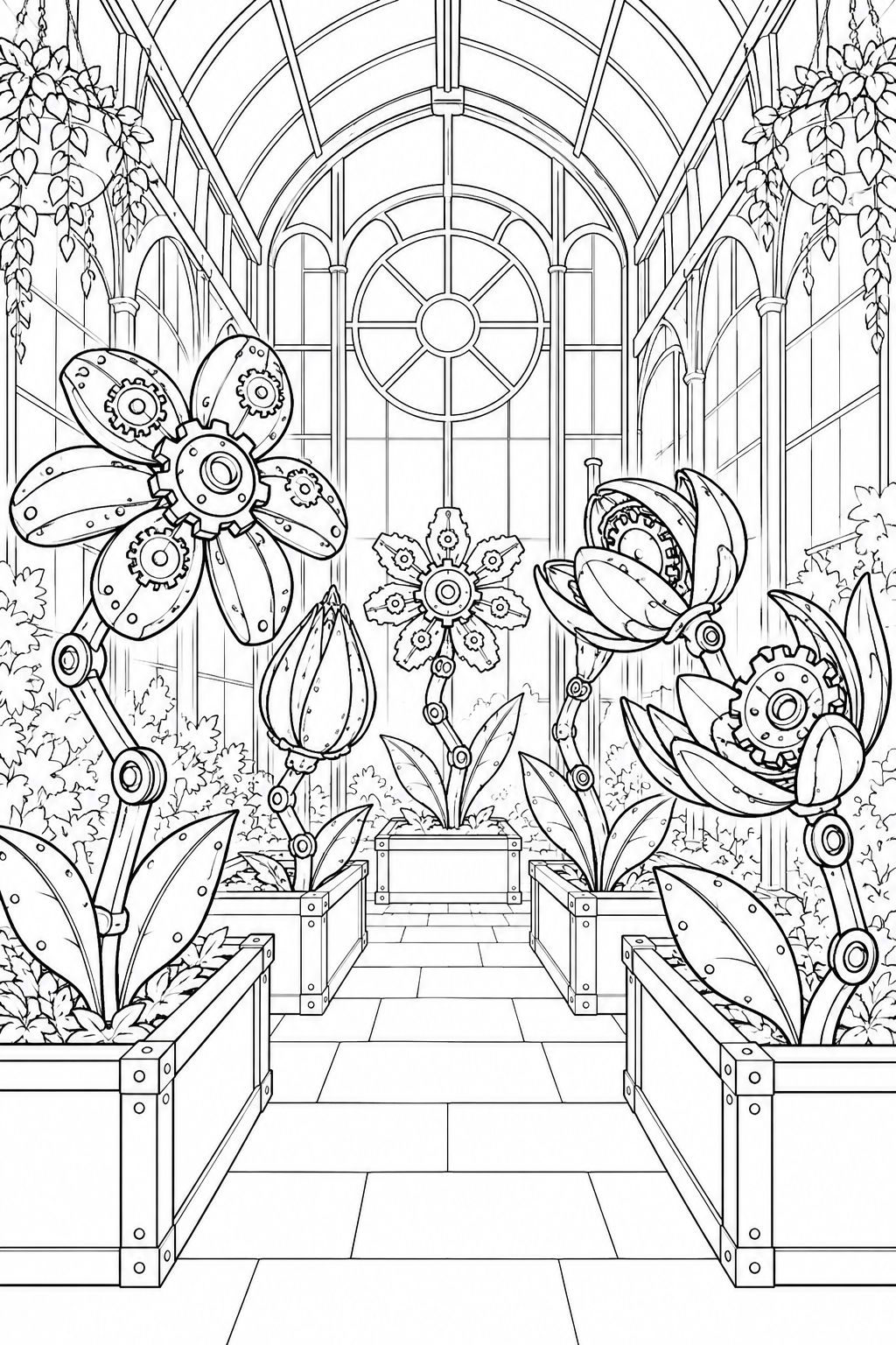 歯車の花が咲く温室の塗り絵