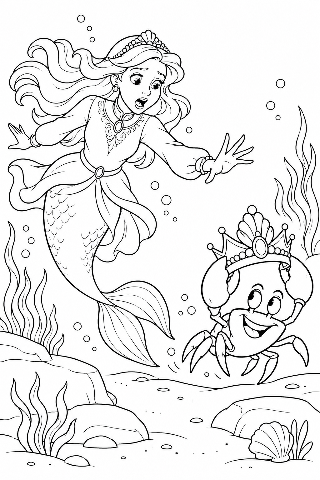 人魚姫：王冠を持ち逃げするカニの塗り絵