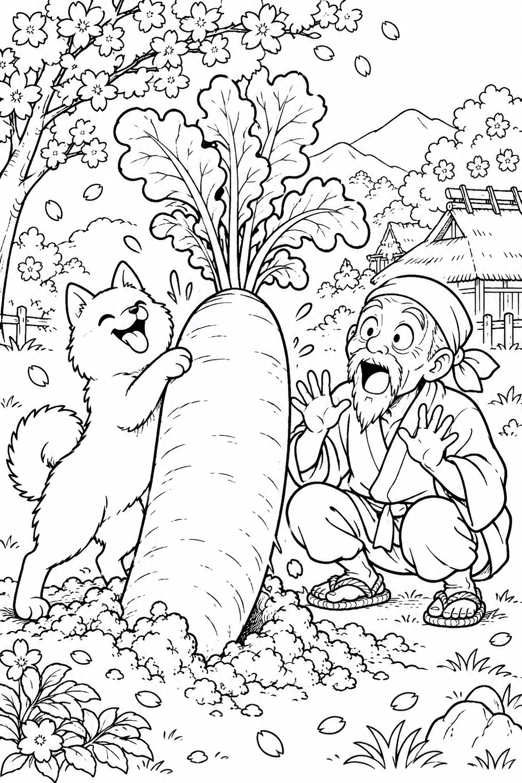 はなさかおじさん:掘り出したのは巨大だいこん(ギャグ)の塗り絵