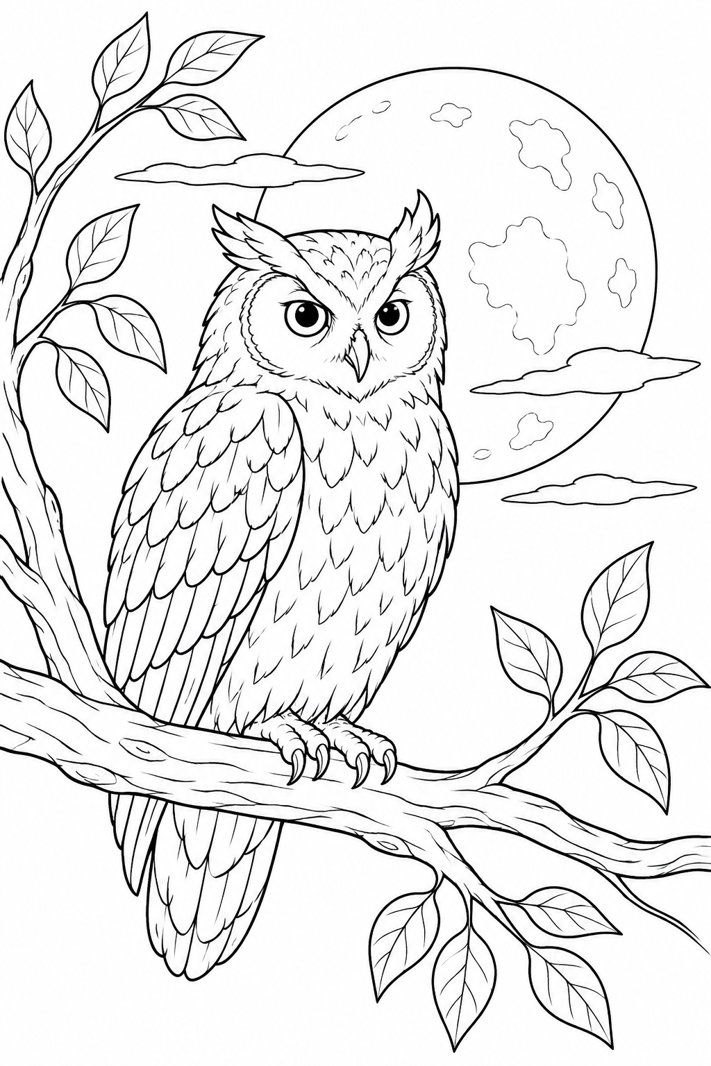 Owl on a Branch Against the Moon coloring page