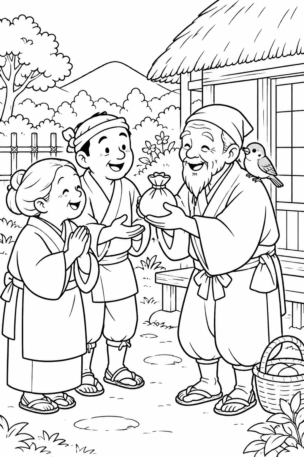 したきりすずめ:宝ものを村のみんなへの塗り絵