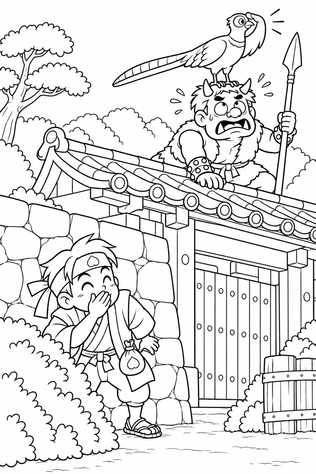 ギャグ桃太郎：雉の見張りと桃太郎の塗り絵