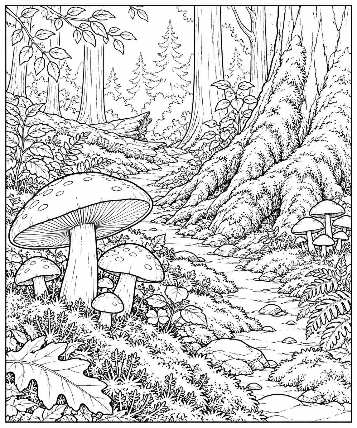 自然のひとこま:きのこと苔の小道の塗り絵
