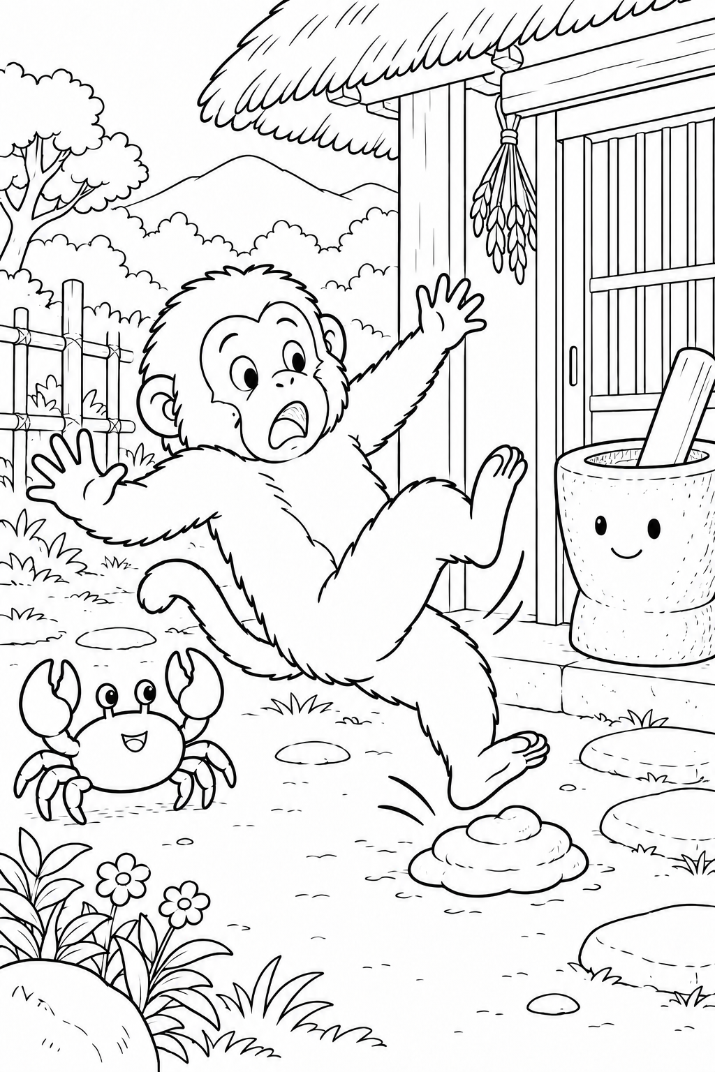 さるかに合戦 ほっこり:玄関先であわてるさるの塗り絵