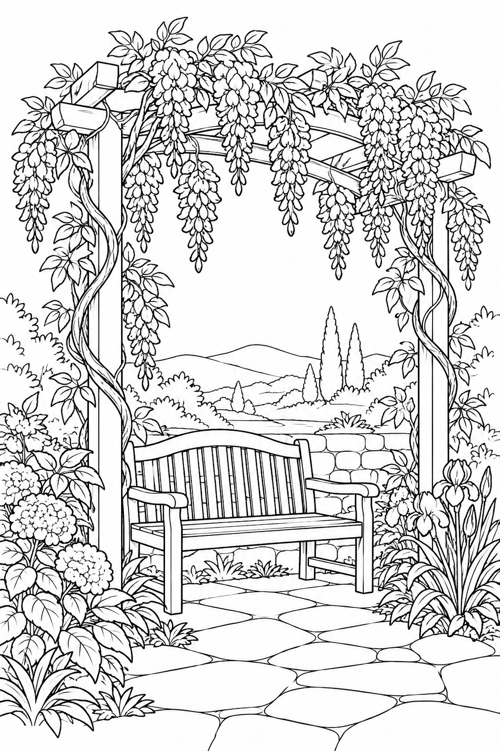 藤棚の下の空いたベンチの塗り絵