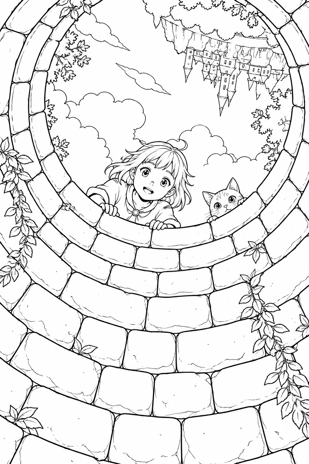 空の井戸をのぞく冒険者の塗り絵