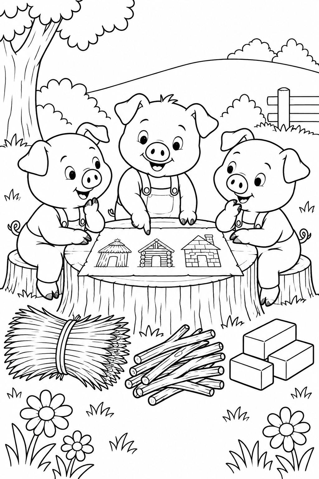 三只小猪：树桩桌旁商量盖房涂色页