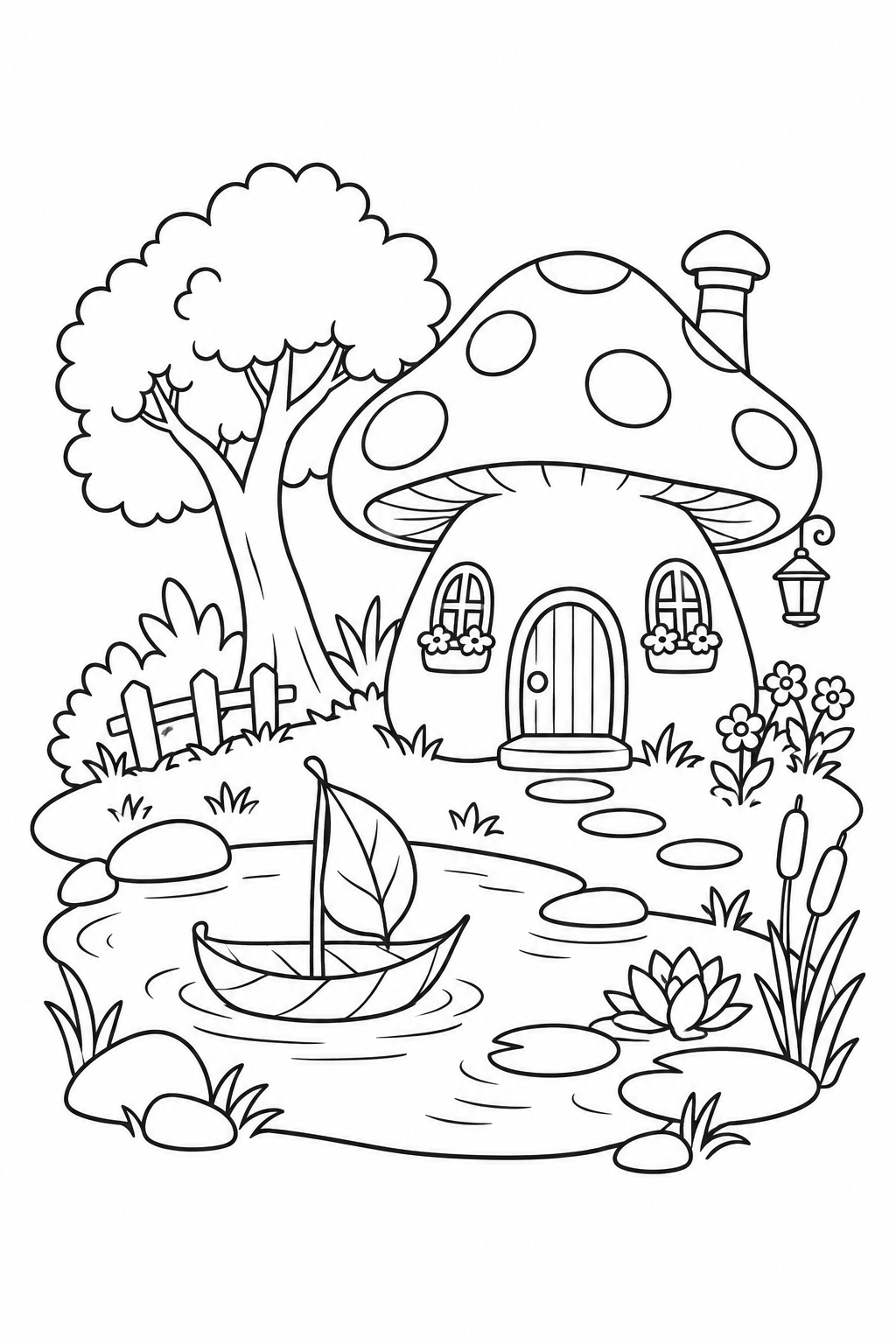 きのこのおうちの池の庭の塗り絵