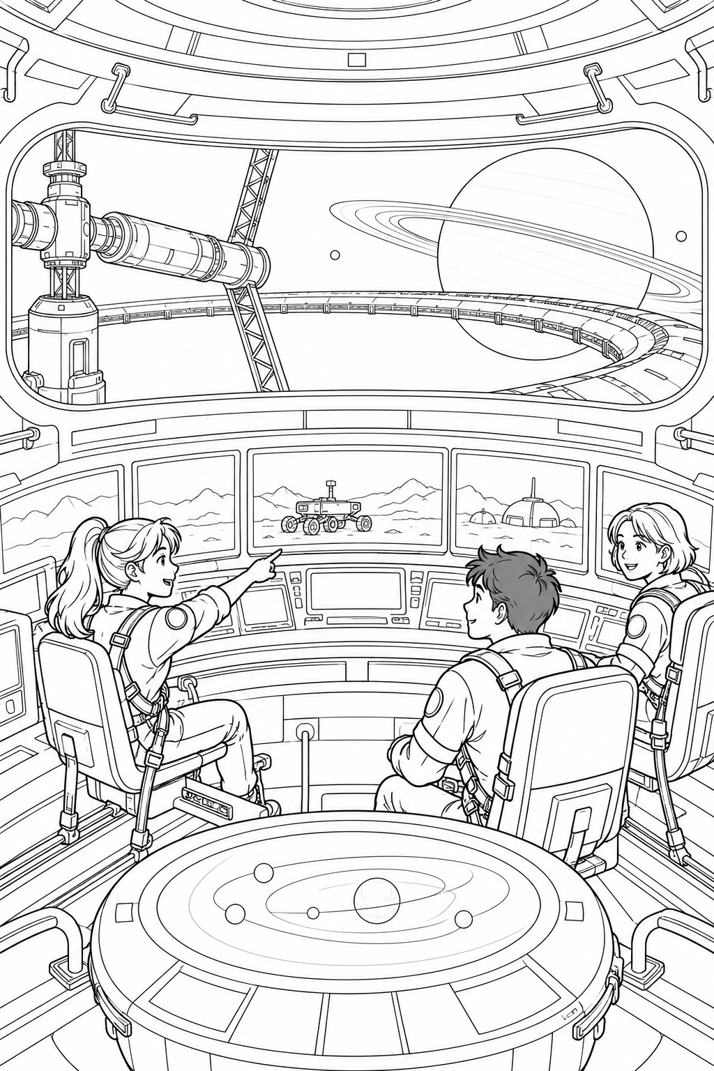 環のある惑星の軌道基地：探査を見守る管制室の塗り絵
