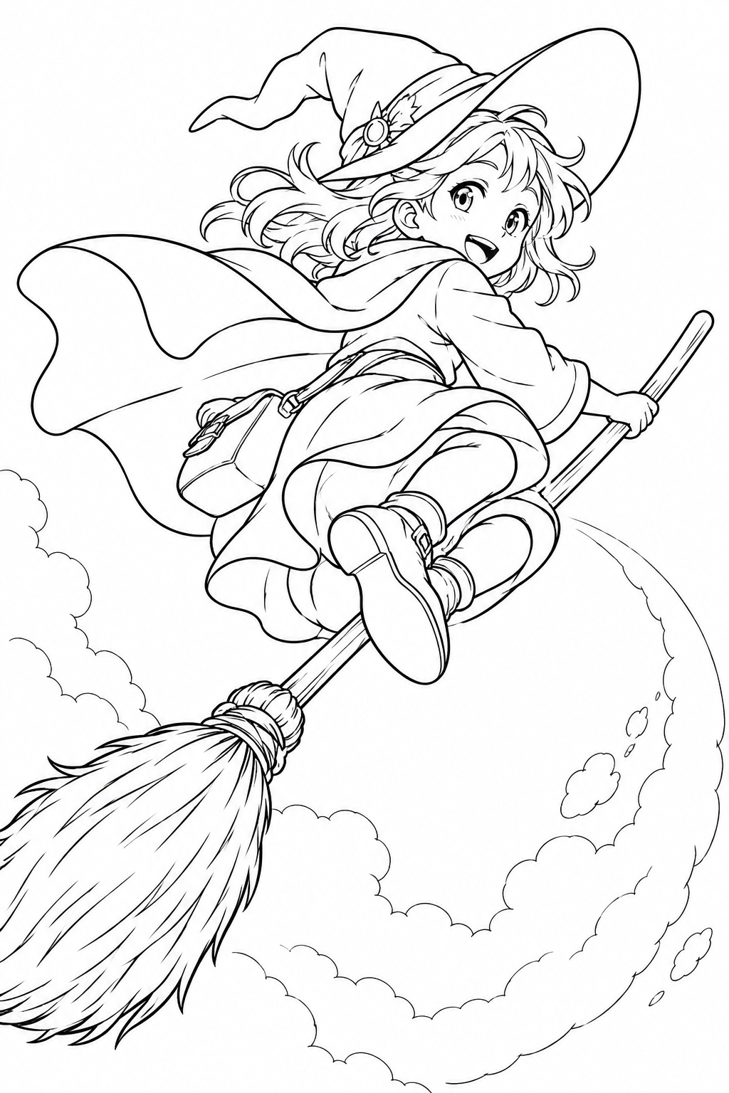 空中回転するほうき乗りの塗り絵