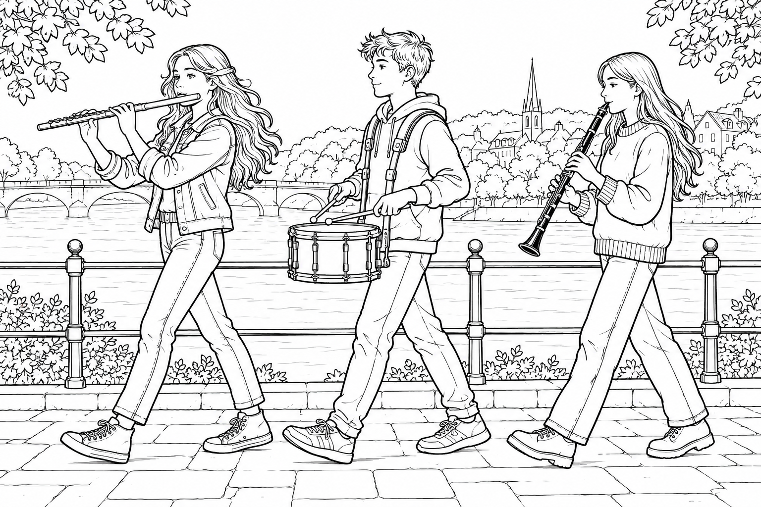 Desenho de Pequena banda à beira do rio para colorir
