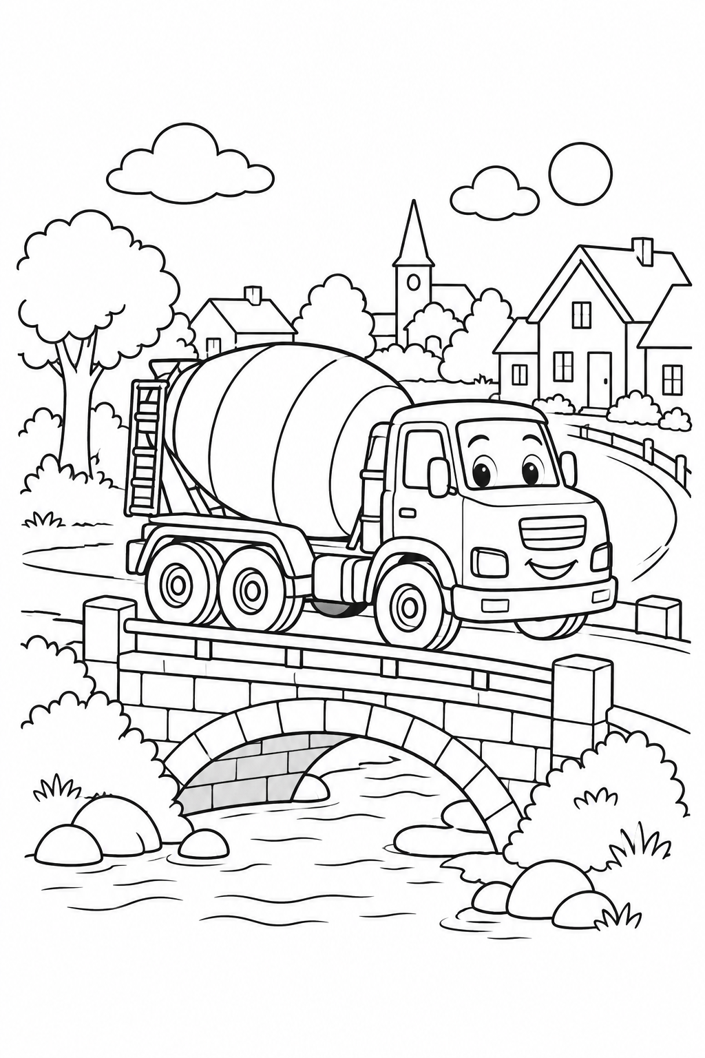Gambar mewarnai Truk molen di jembatan kota