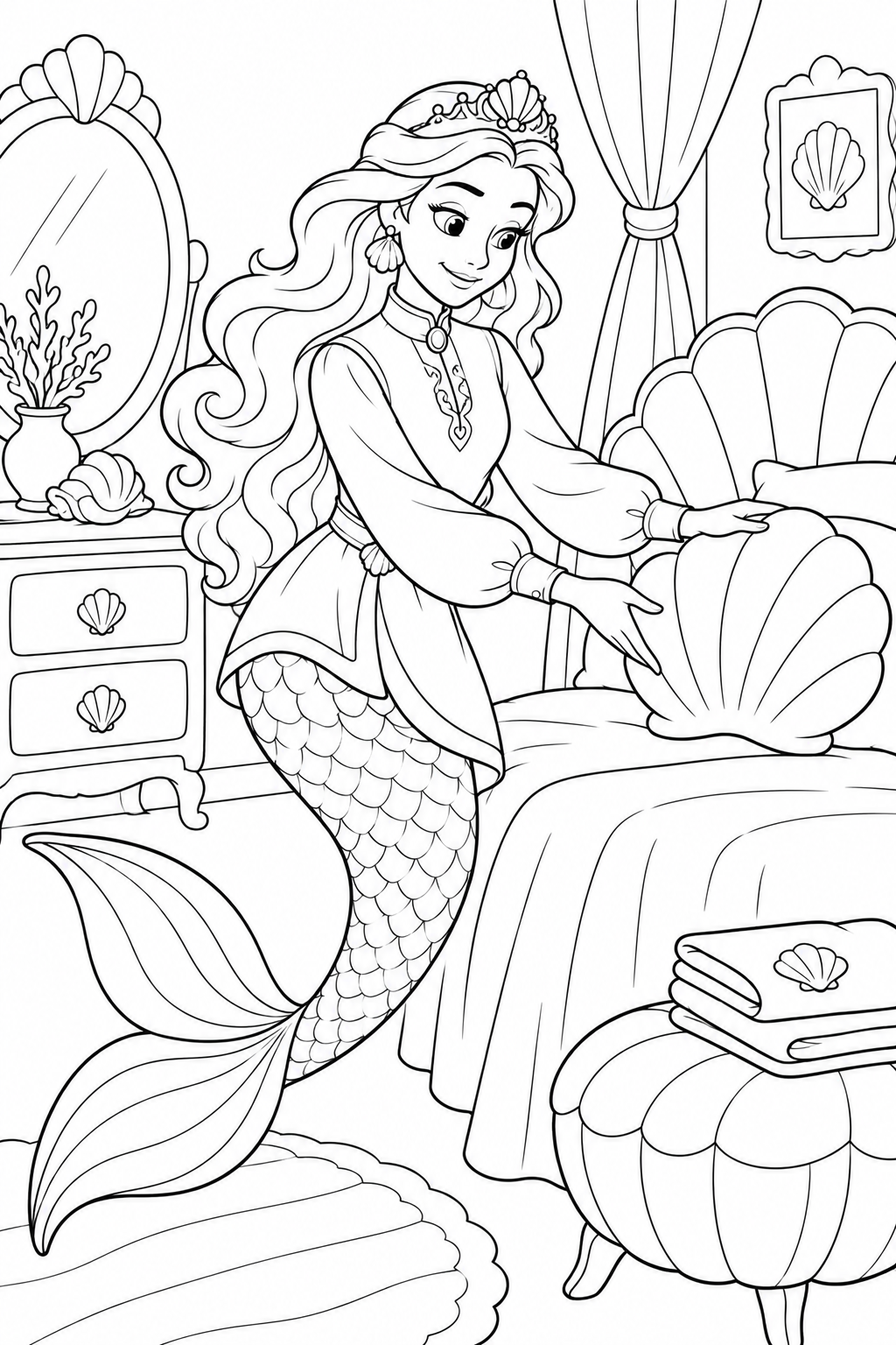 人魚姫:貝の家具のお部屋そうじの塗り絵