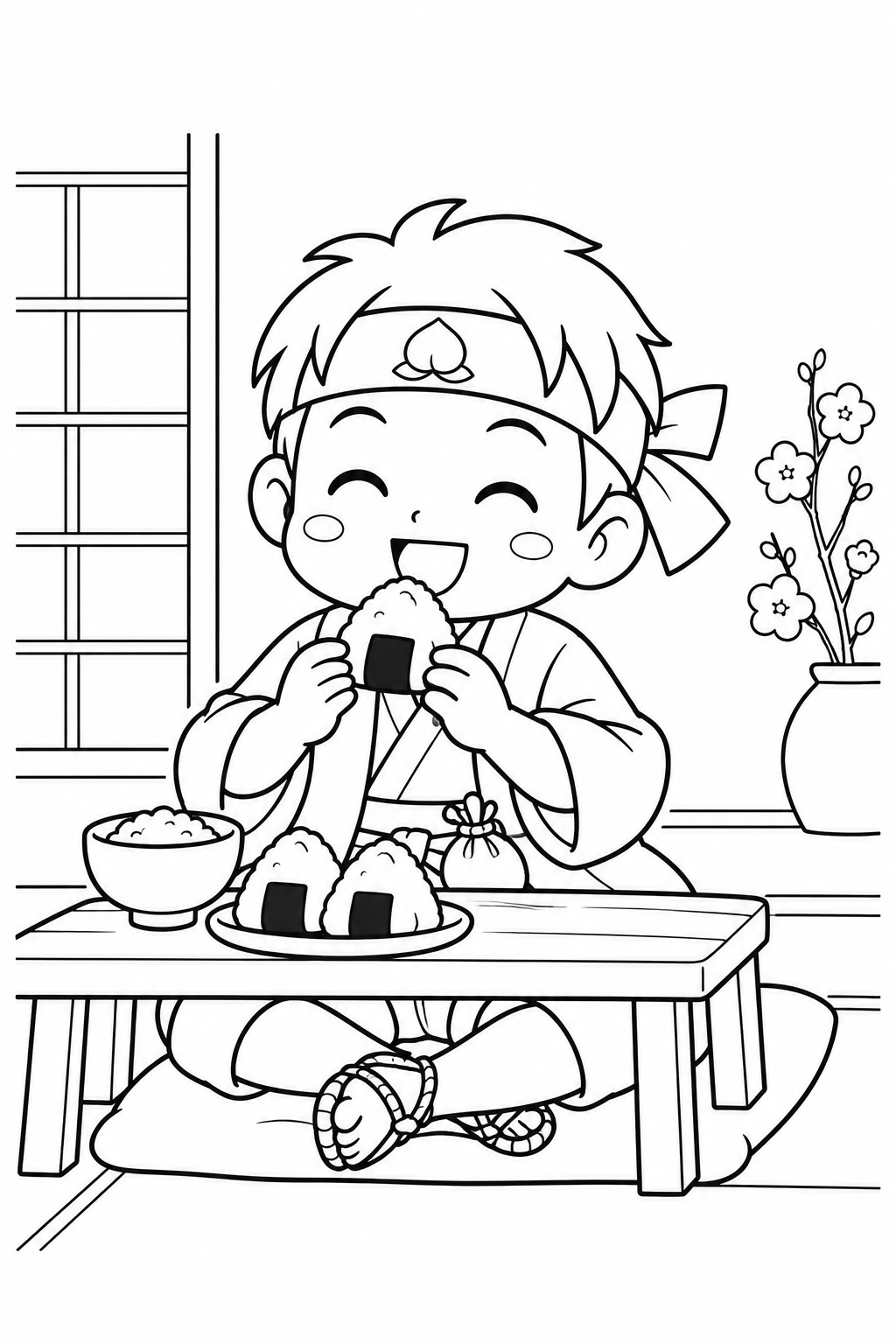 ほっこり桃太郎:桃太郎のおにぎりごはんの塗り絵