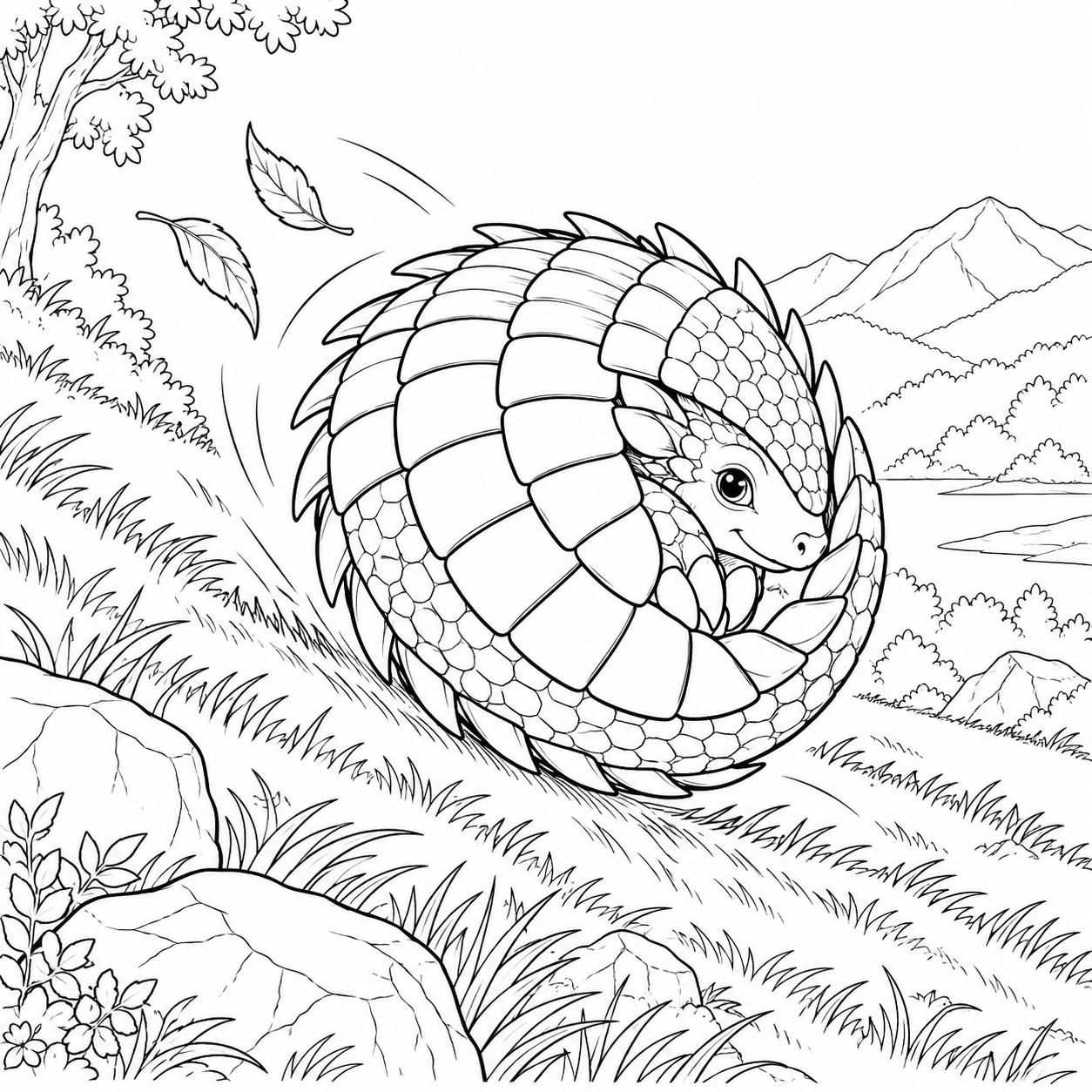 体を丸めて坂を転がる竜の塗り絵