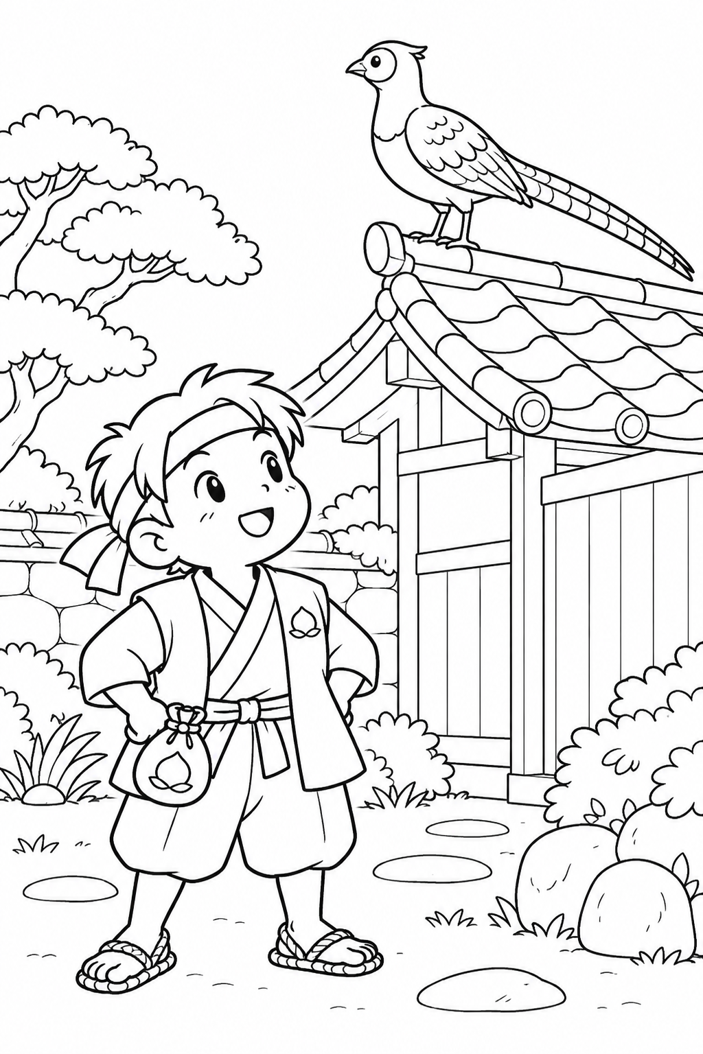 ほっこり桃太郎:雉の見張りと桃太郎の塗り絵