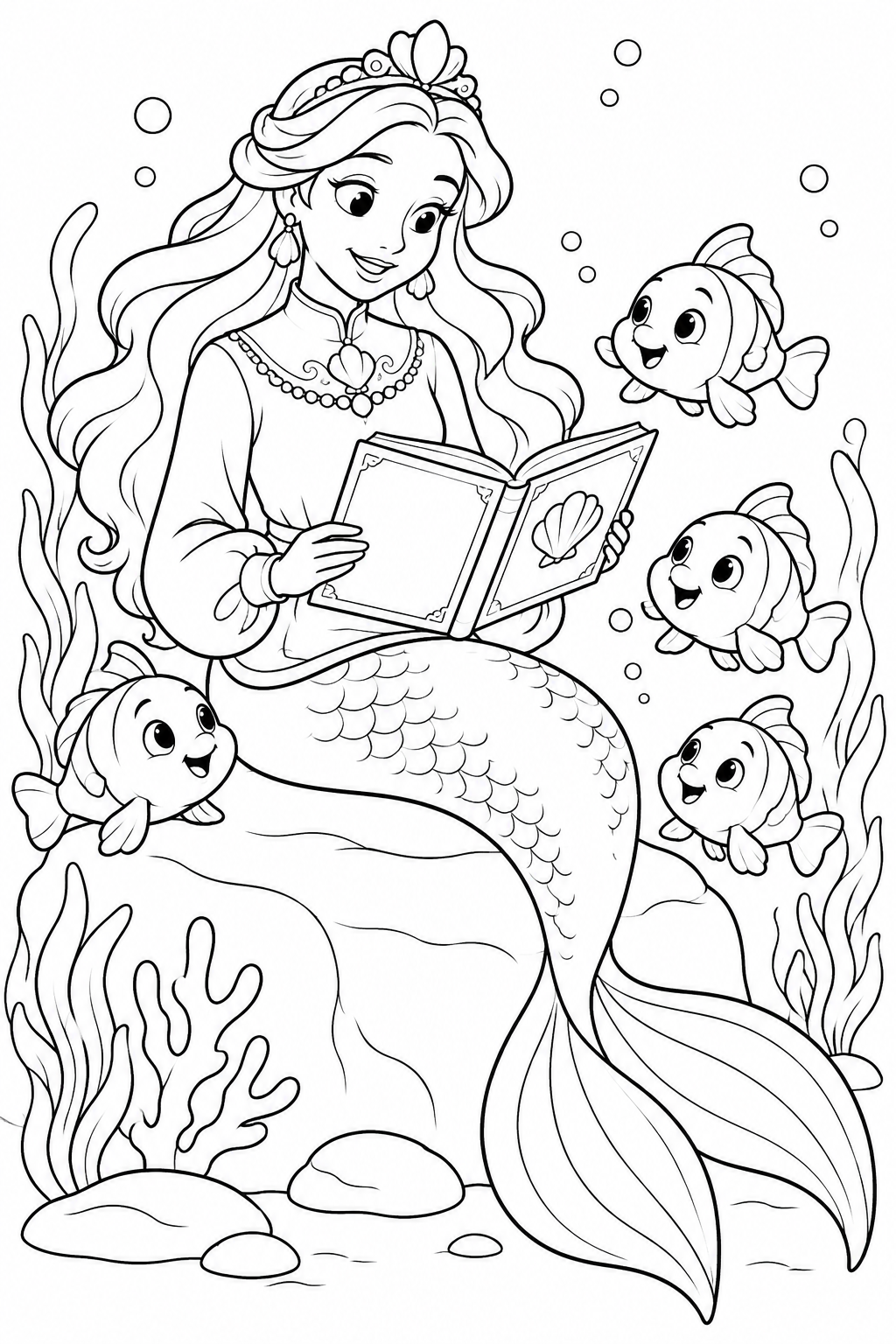 人魚姫：小魚たちへの読み聞かせの塗り絵