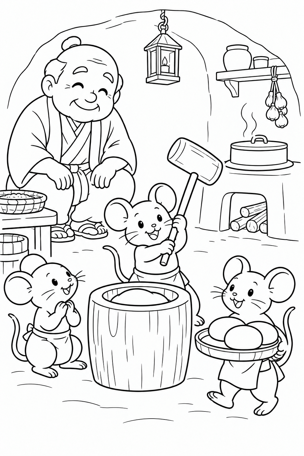おむすびころりん・ほっこり：ねずみのおもちつきの塗り絵