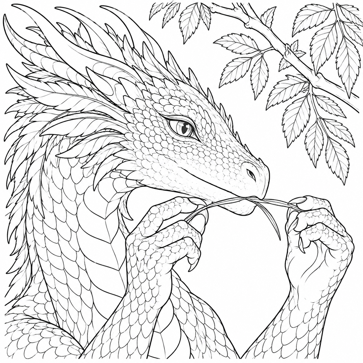 Dibujo de Dragón del bosque tocando una hoja para colorear