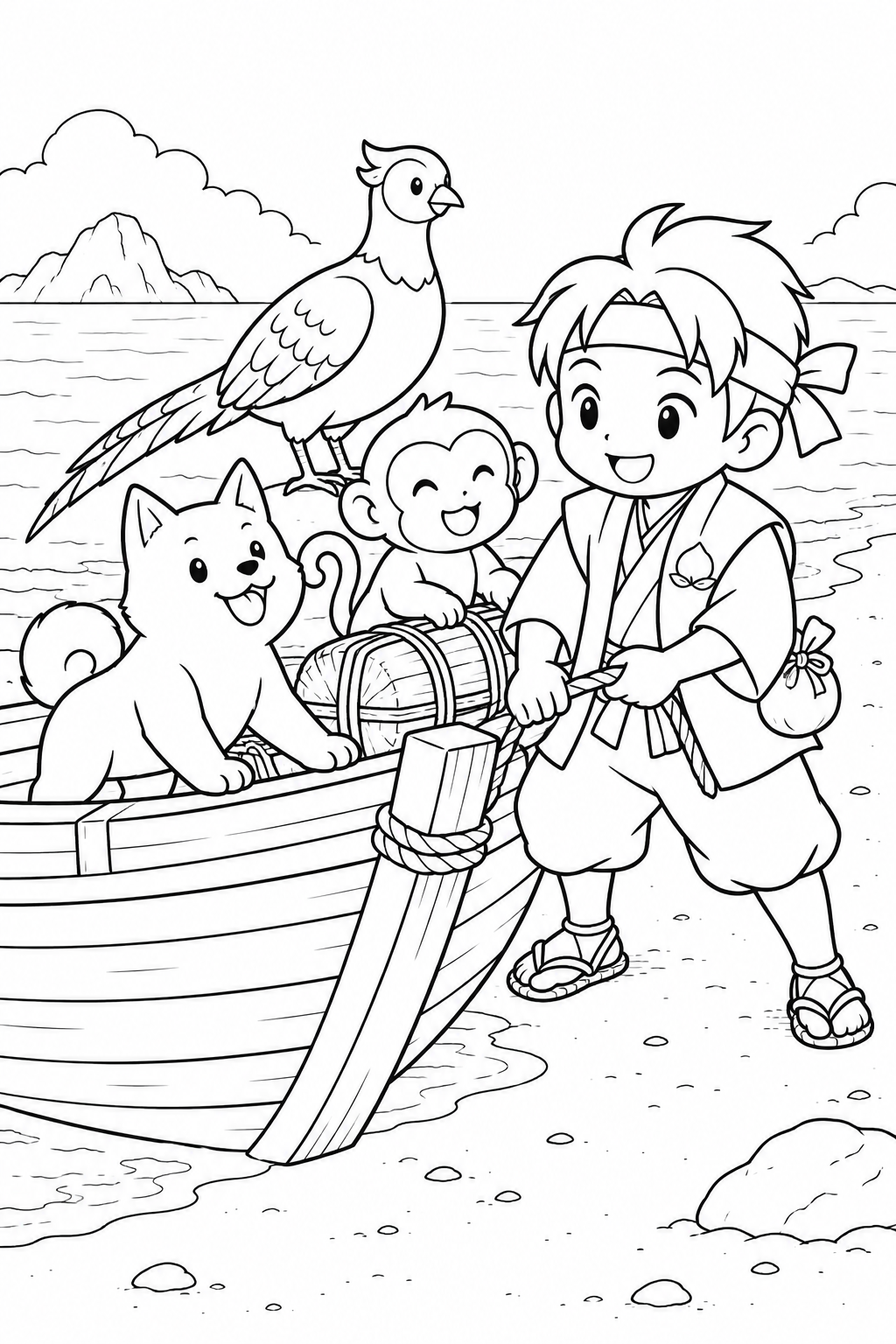 ほっこり桃太郎:桃太郎一行と海辺の舟の塗り絵