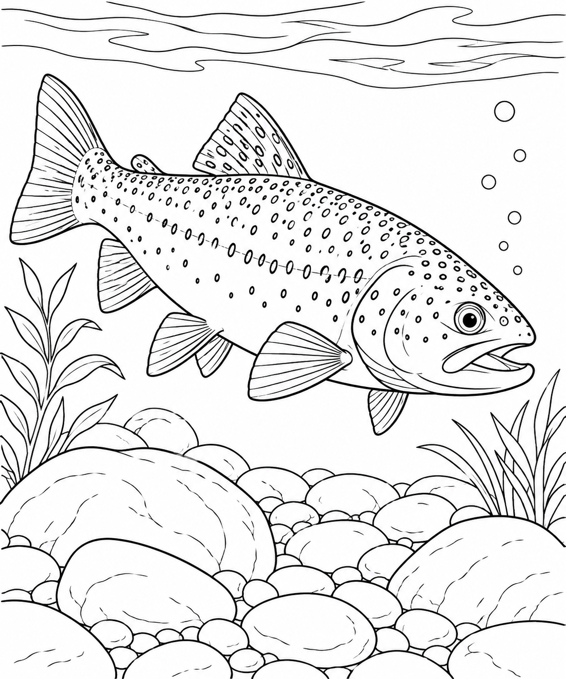 Dibujo de Estudio de naturaleza: Truchas y guijarros del río para colorear
