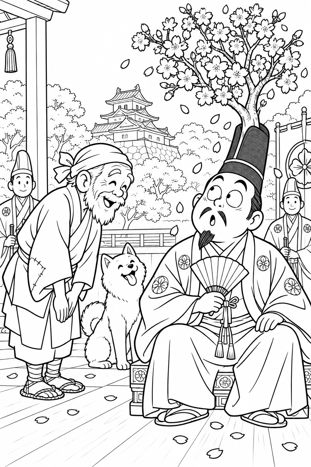 はなさかおじさん：殿さまの烏帽子に桜の木（ギャグ）の塗り絵