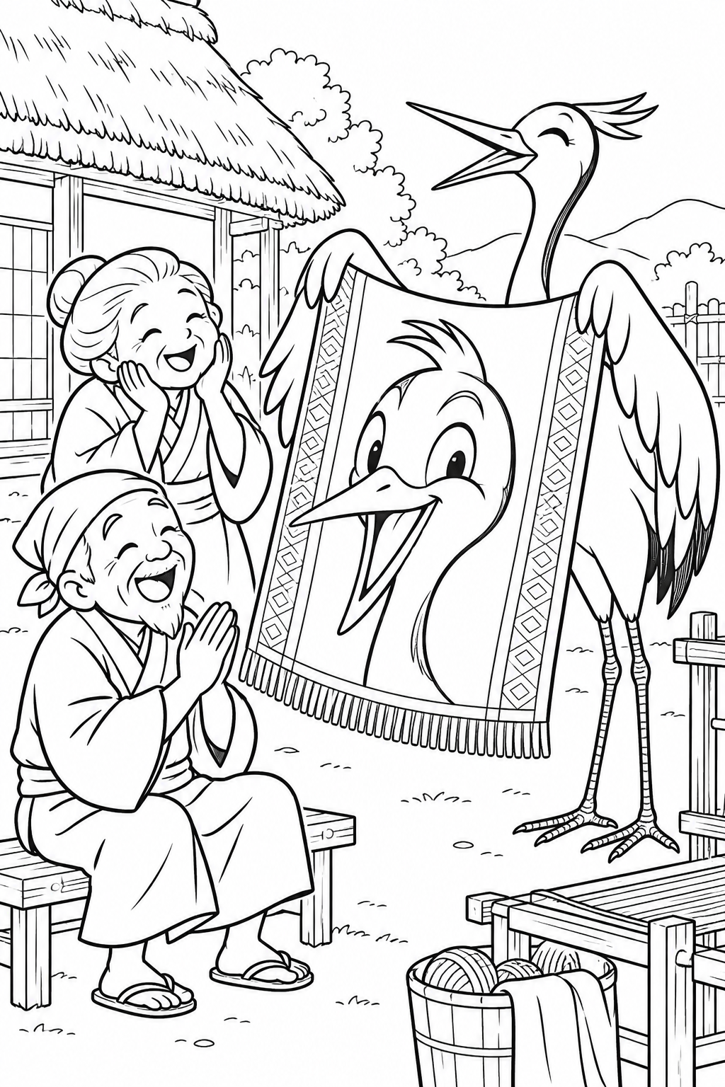 Dibujo de La grulla agradecida:Una enorme cara de grulla en la tela para colorear