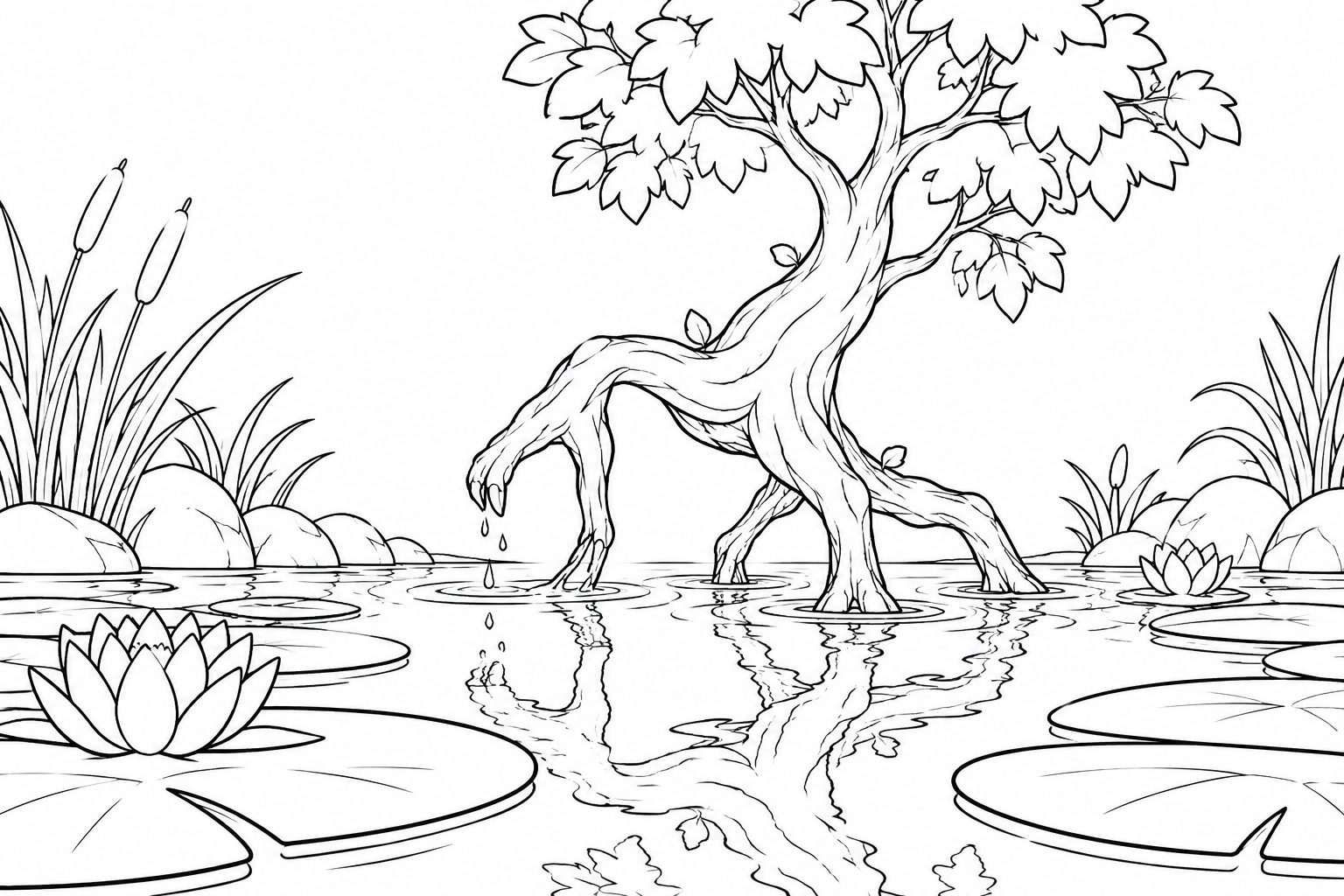 水面を歩く木の根の塗り絵