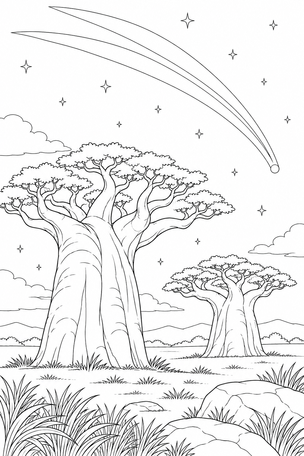 バオバブの平原と尾をひく彗星の塗り絵