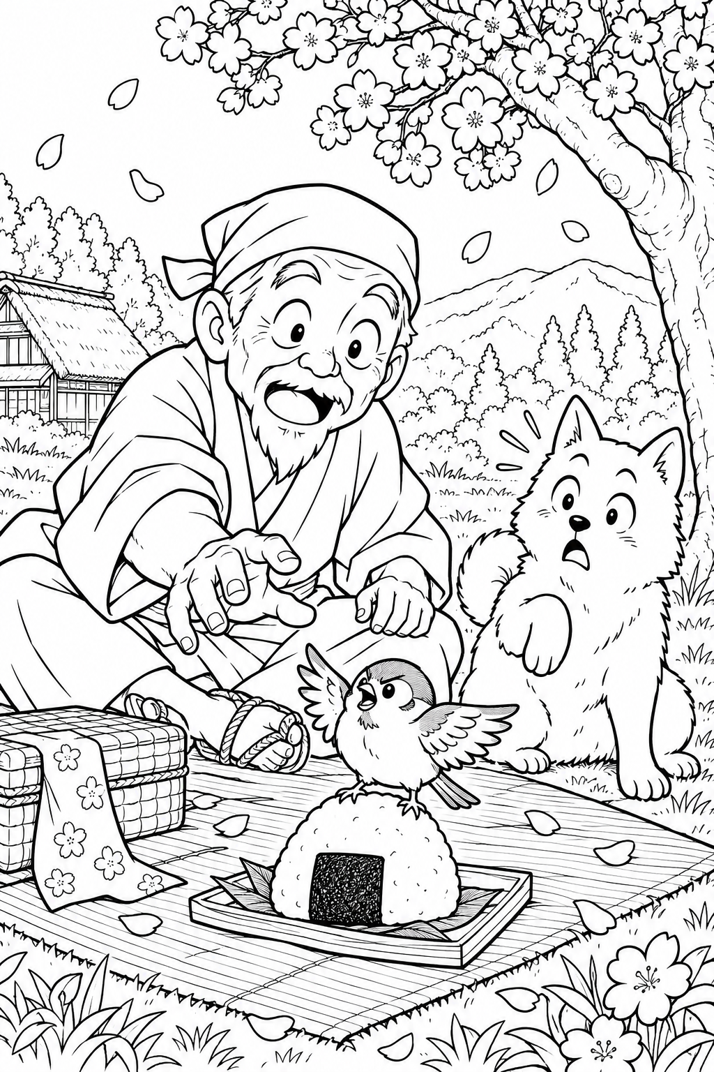 はなさかおじさん：おにぎりの番をするすずめ（ギャグ）の塗り絵