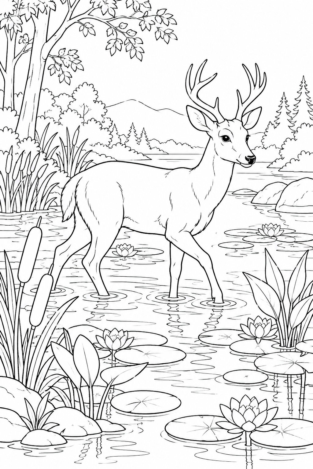 浅瀬を渡る鹿と水草の塗り絵