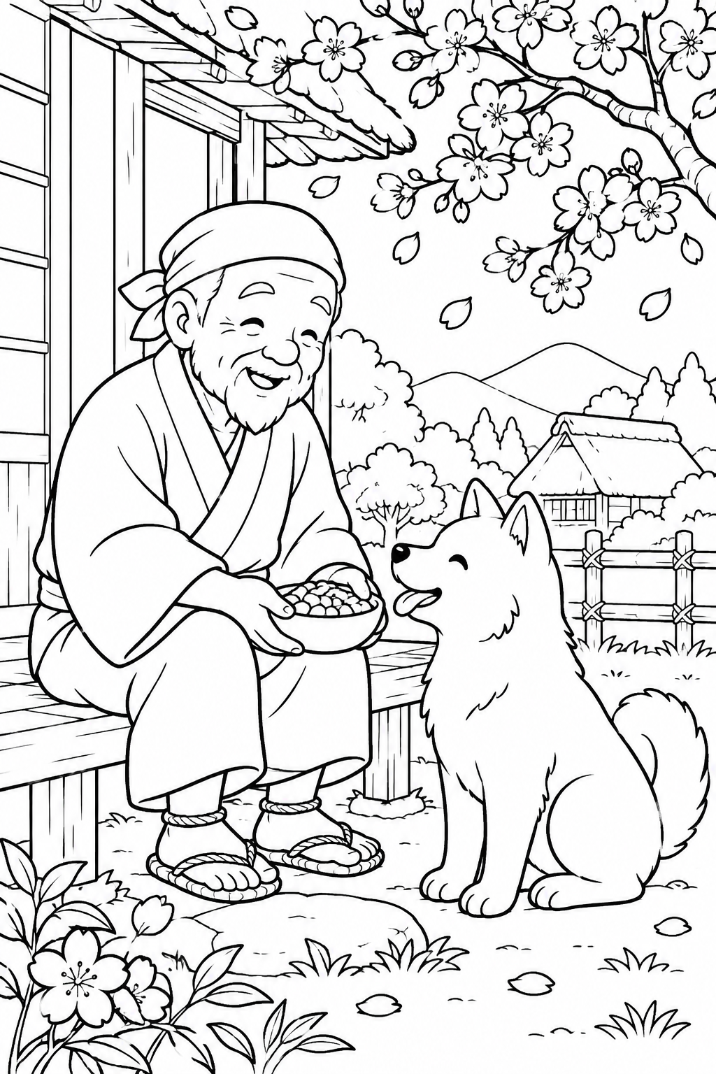はなさかおじさん:縁側で白い犬にごはん(ほっこり)の塗り絵