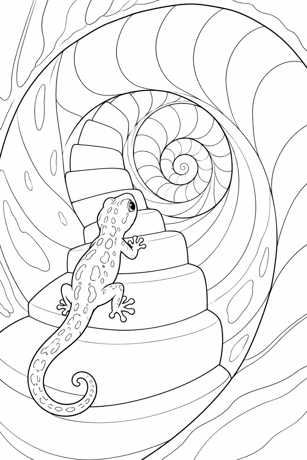 Desenho de Lagartixa subindo uma escada de concha para colorir